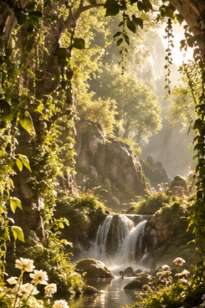 A peaceful forest scene with sunlight shining through the trees onto a small waterfall flowing into a pond surrounded by rocks and flowers.