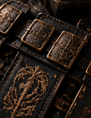 Close-up of a black leather belt with ornate gold engravings and a large gold buckle.