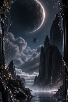 A nighttime landscape with mountains, clouds, a large crescent moon, and two planets visible in the sky.