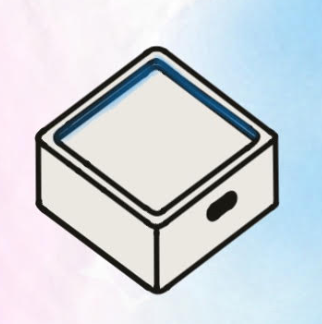 Line drawing of a small, open box with a solid black circle on one side, set against a gradient blue background.