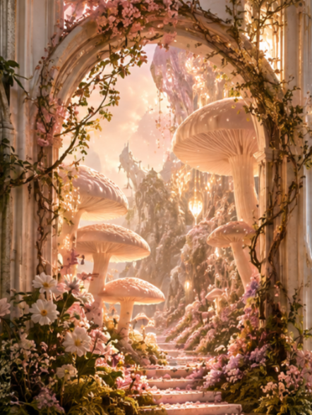 A fantasy garden scene with large mushrooms, pink flowers, and an archway with vines, bathed in soft, glowing light.