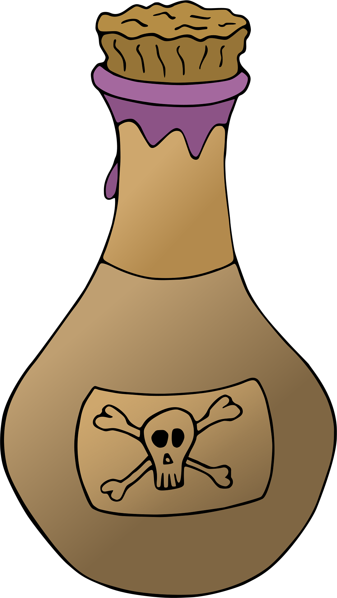 Cartoon illustration of a brown potion bottle with a skull and crossbones symbol on its label.
