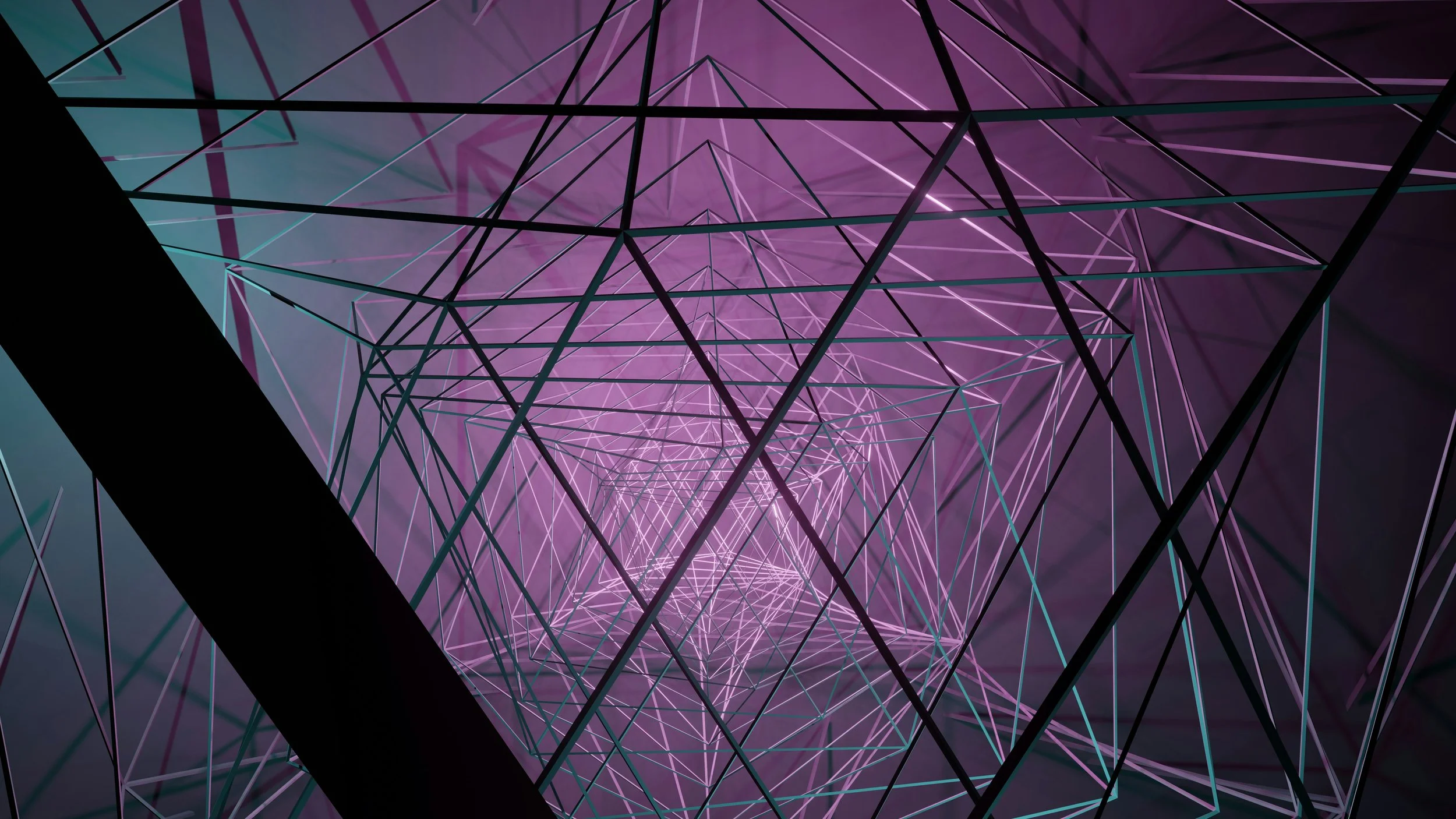 A digital abstract image featuring a tunnel of interconnected geometric wireframes illuminated with purple and teal lighting.