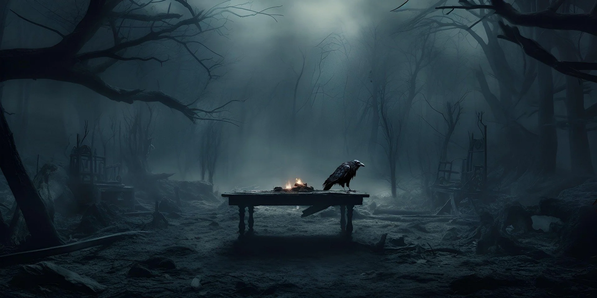 A dark, eerie forest with leafless trees and fog. In the center, a table with a small fire and a large black crow standing beside it.