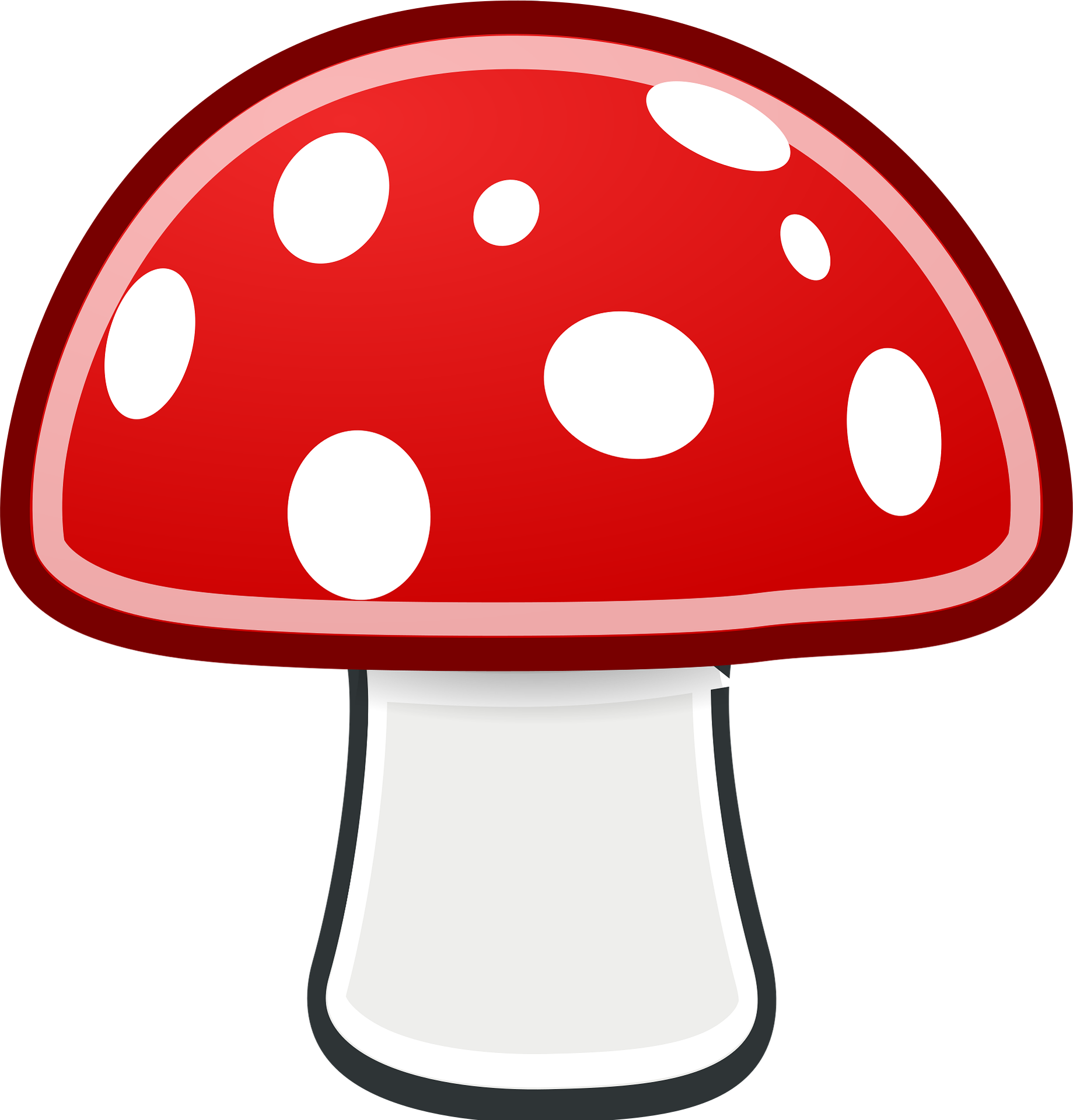 A digital illustration of a red mushroom cap with white spots, white stem, and a black outline, isolated on a black background.