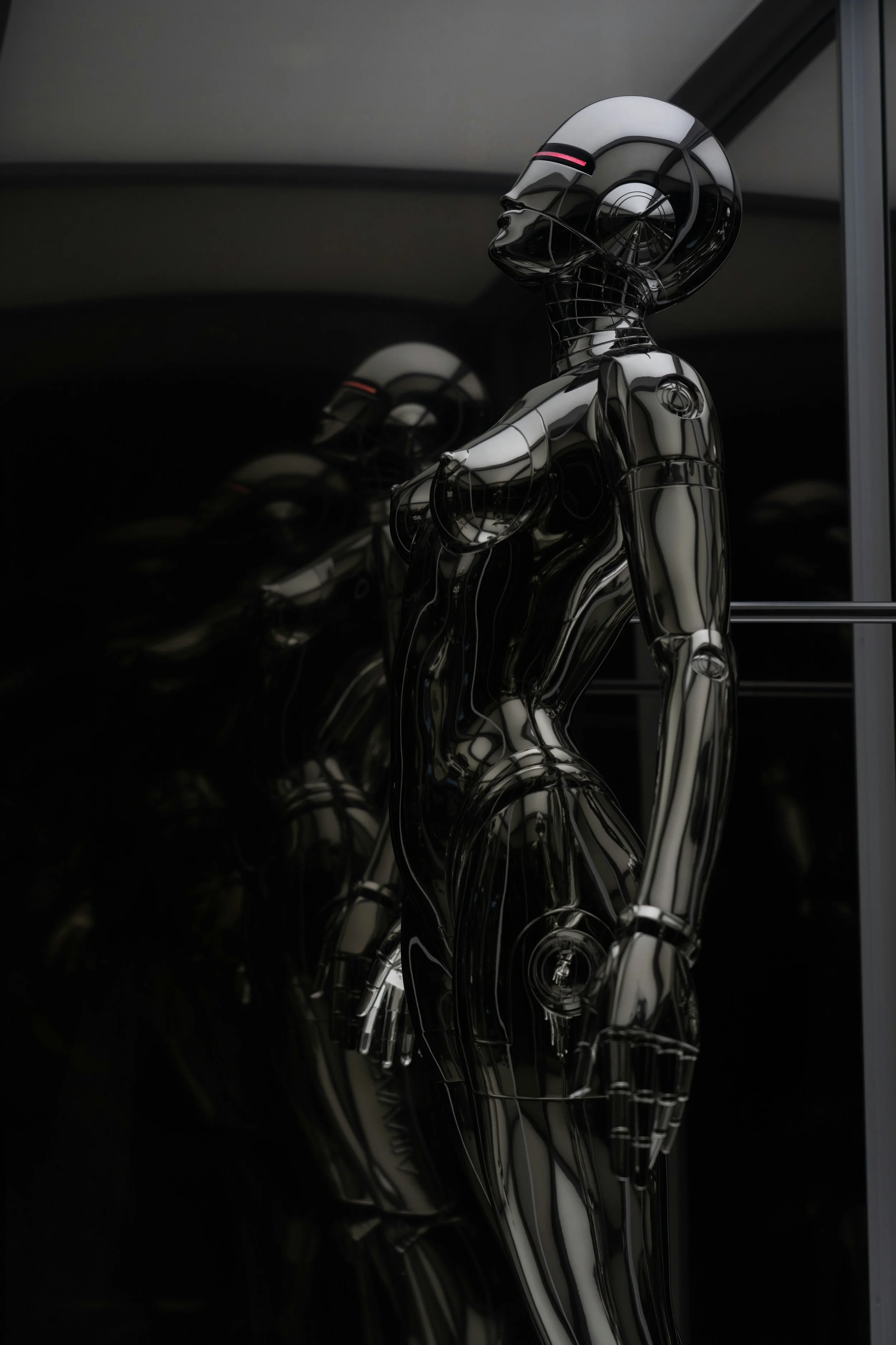 A reflection of a shiny, black, human-like robot figure with visible joint lines, standing in front of a mirror in a dark room, with a window and ceiling light in the background.