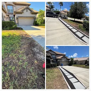 Comparison of two driveway curb areas, one with damaged grass and the other with a proper curb and landscaping.