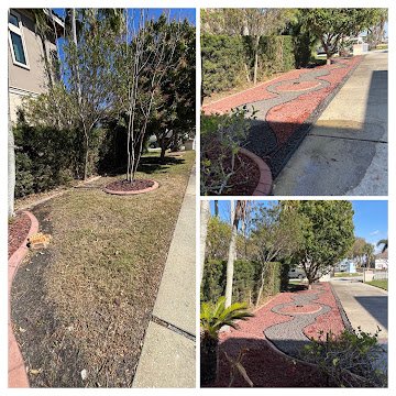 Collage of four images of a sidewalk and a landscaped area with trees and mulch, showing different views from various angles.