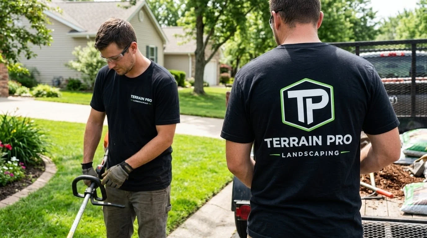 Two men working outdoors in a neighborhood yard, wearing black T-shirts with 'Terrain Pro Landscaping' logos, with landscaping tools and bags of soil nearby.