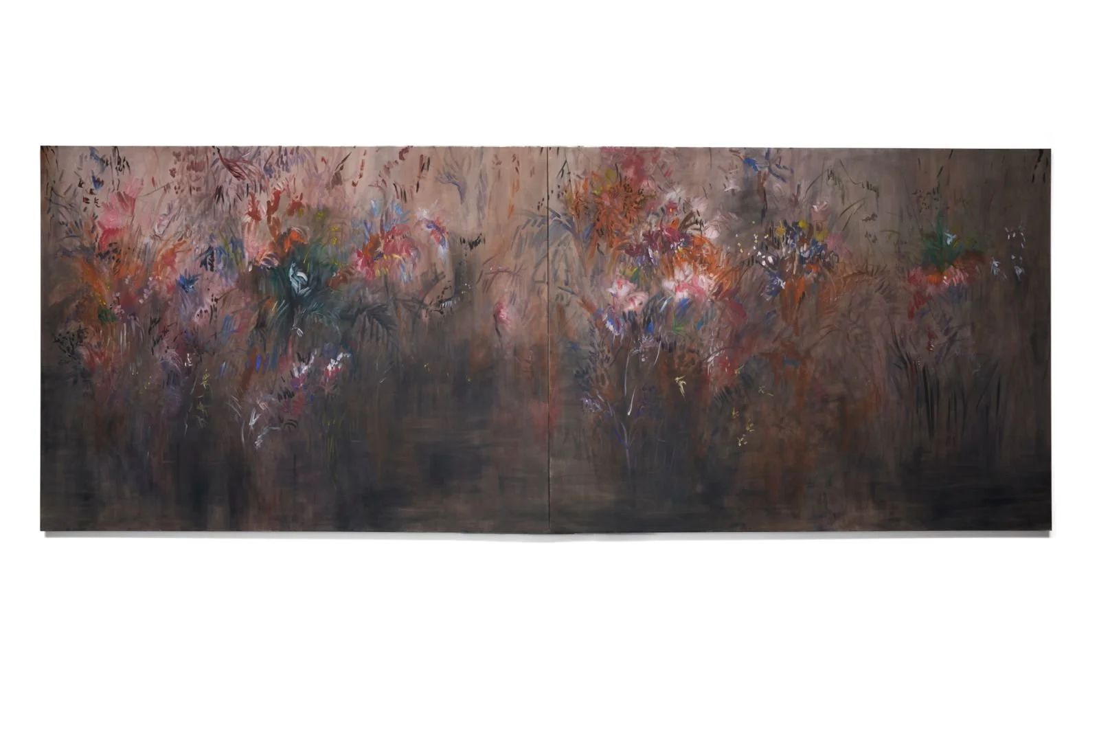 Pedro Kubitschek. A correnteza do tempo na margem. 2025. Óleo sobre tela. 150 x  400  x 4  cm. (cada 150 x 200 x 4 cm  - díptico).
