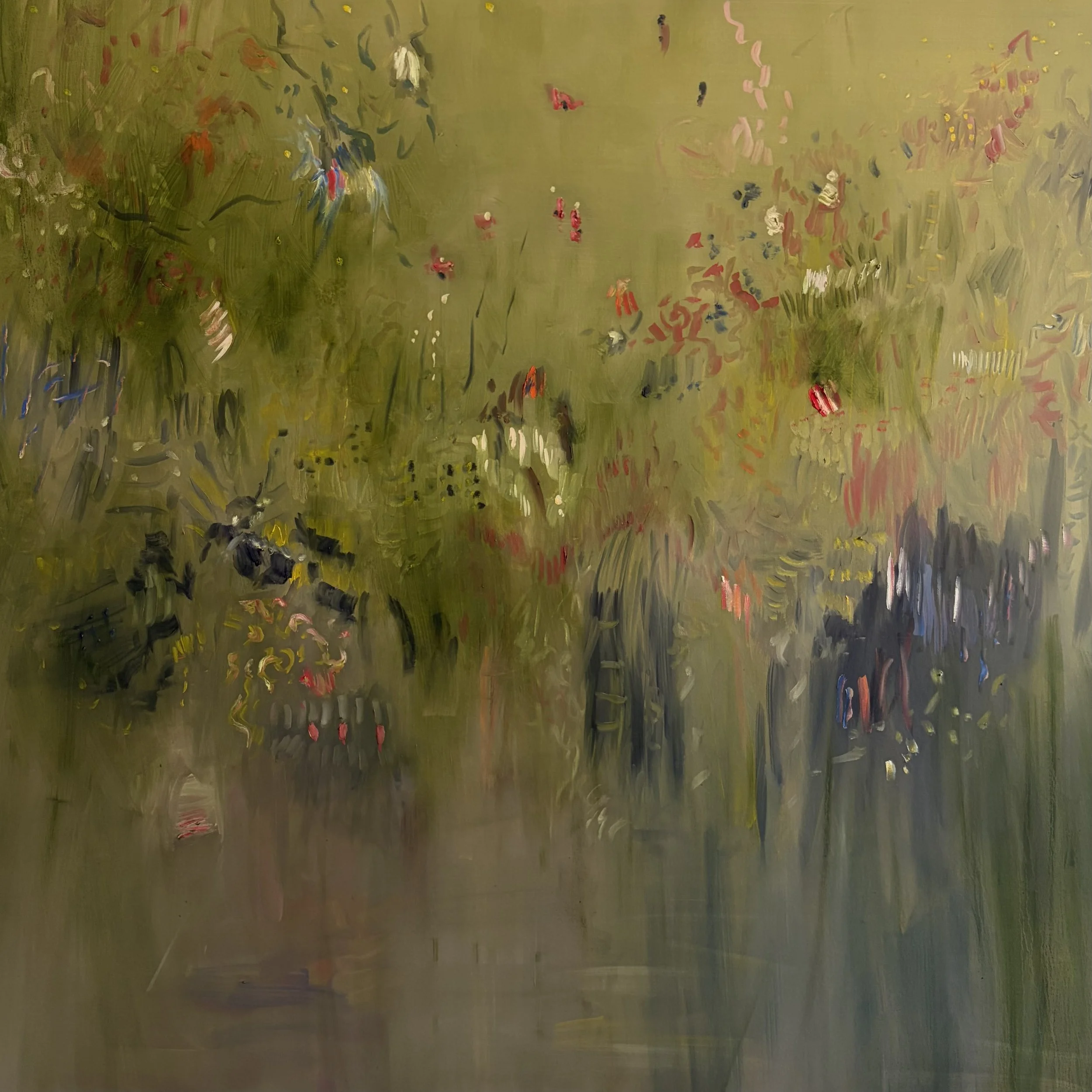 Pedro Kubitschek. Correnteza que atravessa. 2026. Óleo sobre tela. 120 × 120 × 4 cm.
