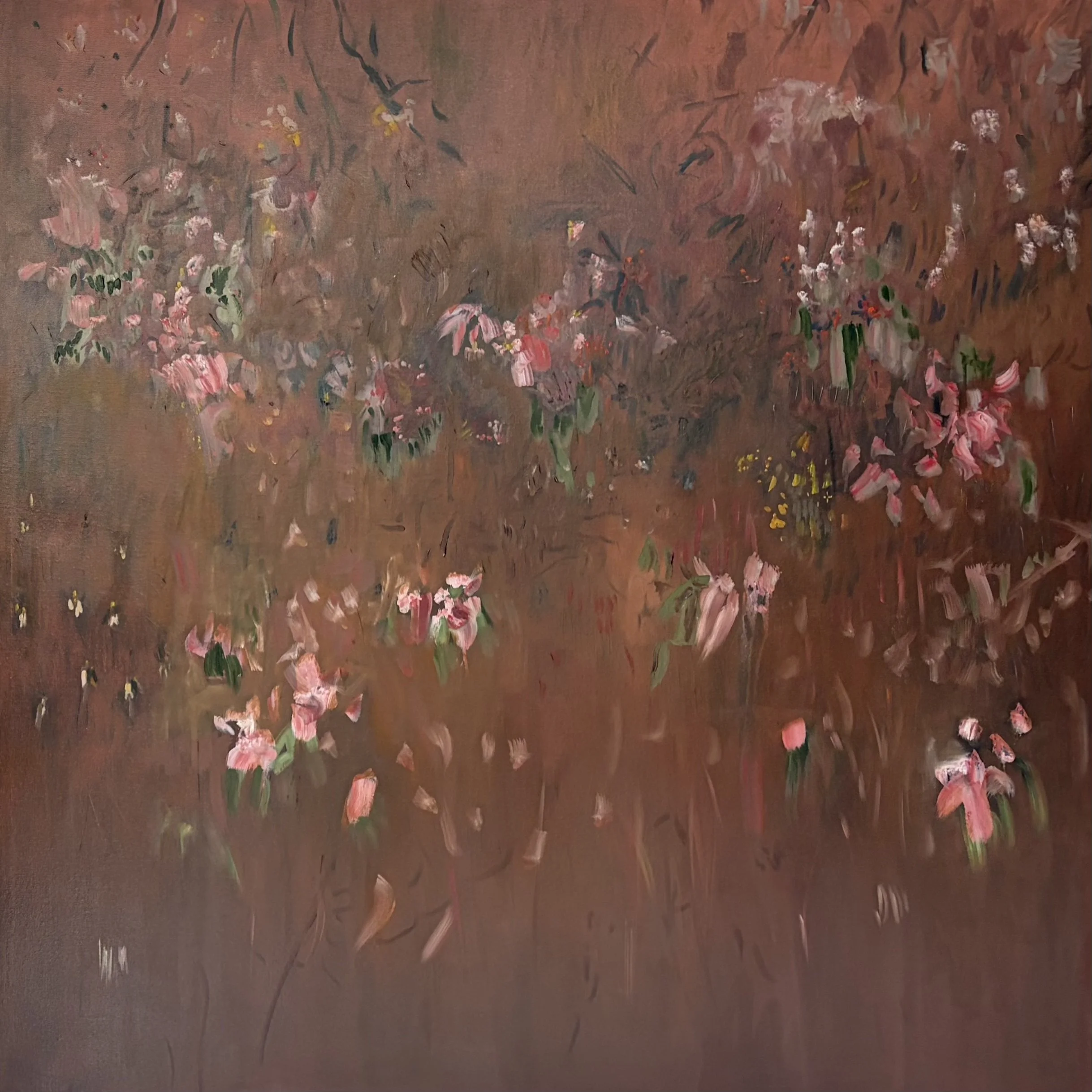 Quando a margem amanhece em pétalas II. 2026. Óleo sobre tela. 120 x 120 x 4 cm. Coleção Particular-Nova Lima MG/BR.