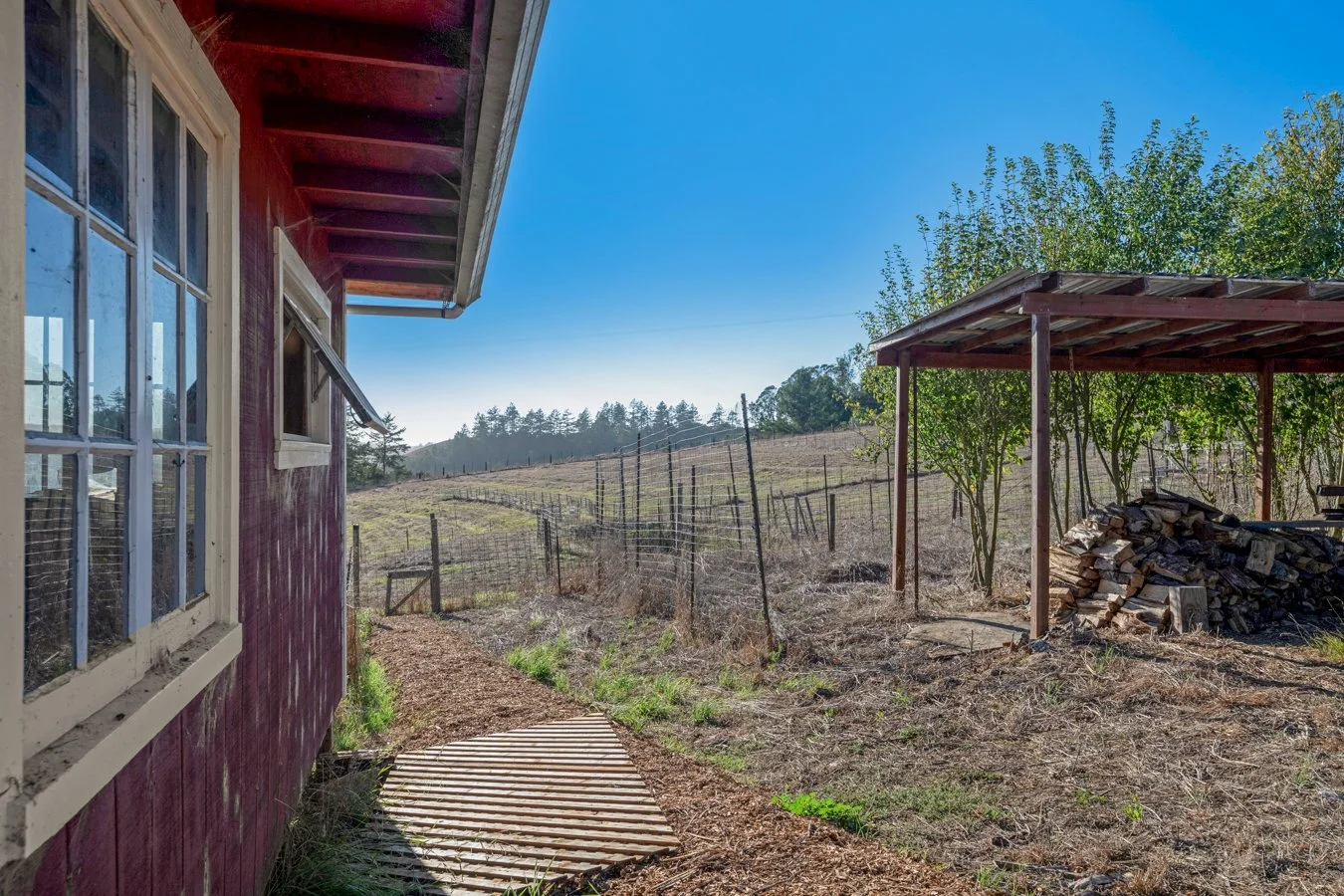 View of a rural backyard with a red house on the left, a pathway, a wooden shed with stacked firewood, trees, and a fenced hillside under a clear blue sky.