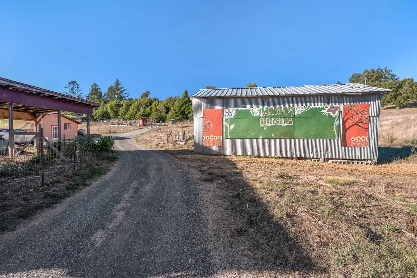 A gravel driveway leading to a rural area with a colorful welcome sign reading "Welcome Bienvenida" on a metal building, with trees and a few rural structures in the background, under a clear blue sky.