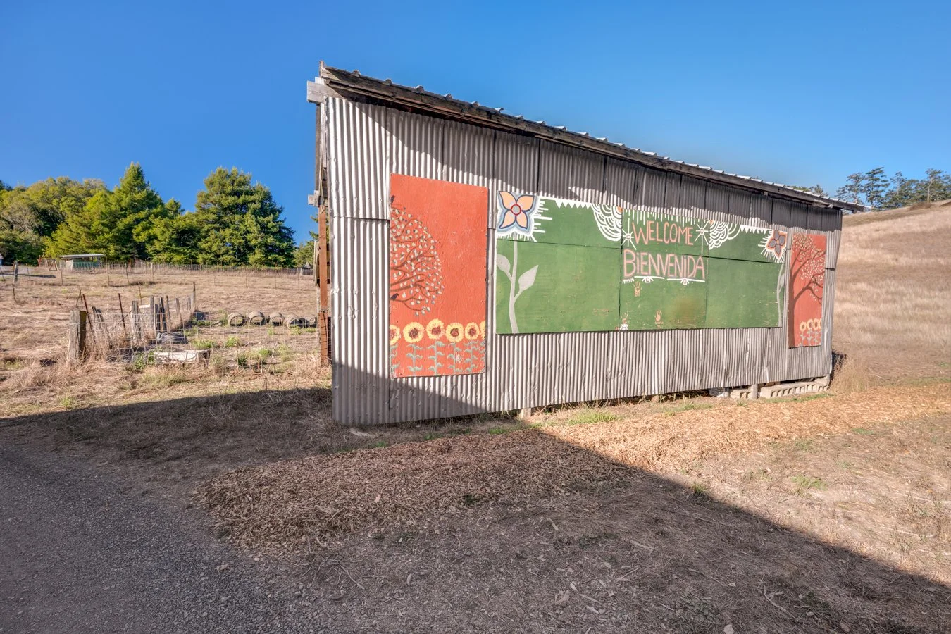 A rustic shed with weathered corrugated metal siding, featuring painted welcome signs in both English and Spanish, reading 'Welcome' and 'Bienvenida,' with decorative flowers and trees, situated on a rural property with dry grass and sparse dirt grou