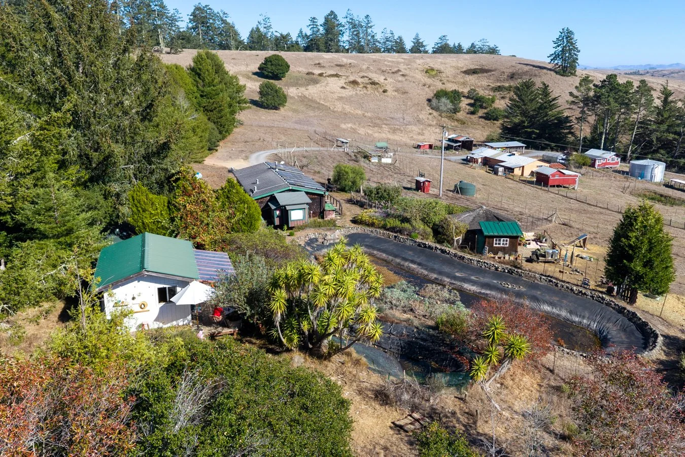 Bird's eye view of a rural farm with multiple small buildings, trees, a pond, and a field on a hill in the background during daytime.