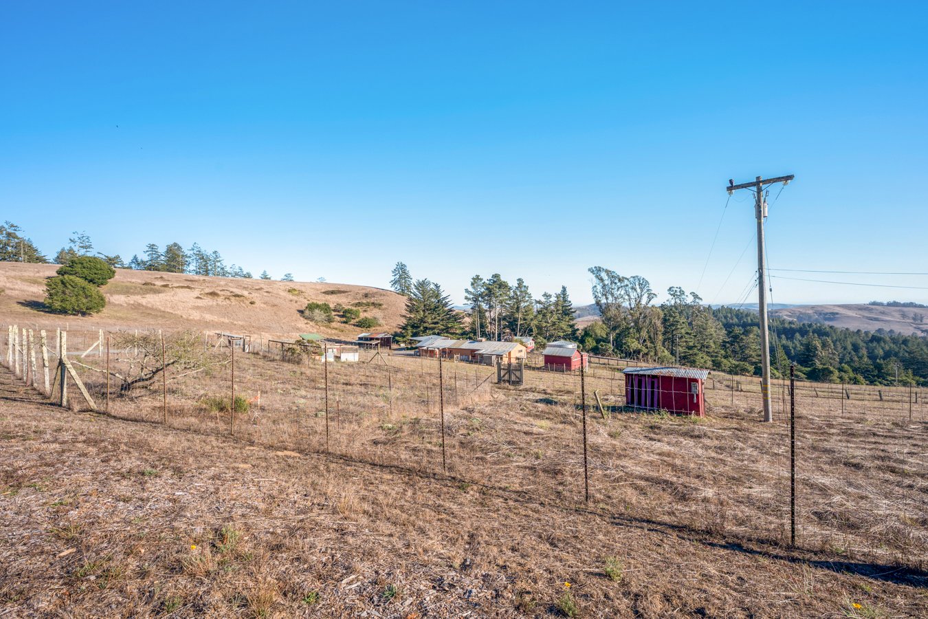 A rural hillside farm scene with small shed buildings, a fenced pasture, power lines, trees, and a clear blue sky.