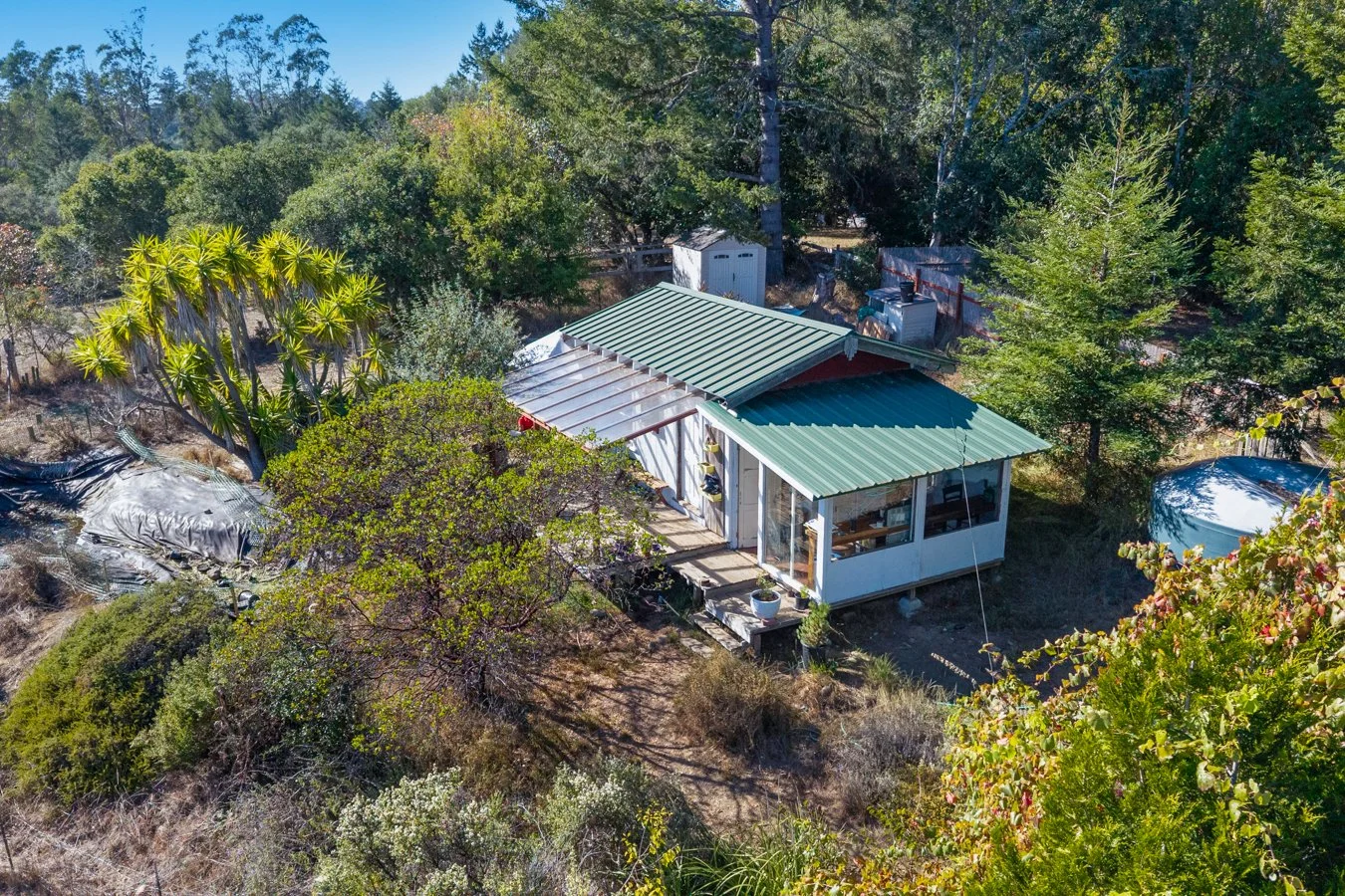 Aerial view of a small house with a green metal roof surrounded by trees and bushes in a wooded area.