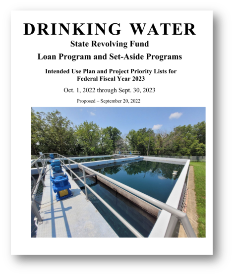 Cover page of a report titled "Drinking Water," with subheaders regarding the State Revolving Fund, loan program, and project lists for federal fiscal year 2023. The page features a photo of a water treatment facility with large tanks, pipes, and equipment, set outdoors with trees and a blue sky in the background.