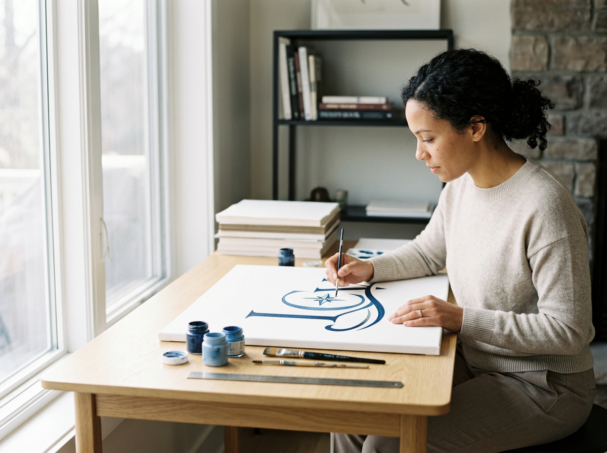 Woman painting a patriotic-themed design, including a star and stripes, on a canvas at a wooden table beside a window.