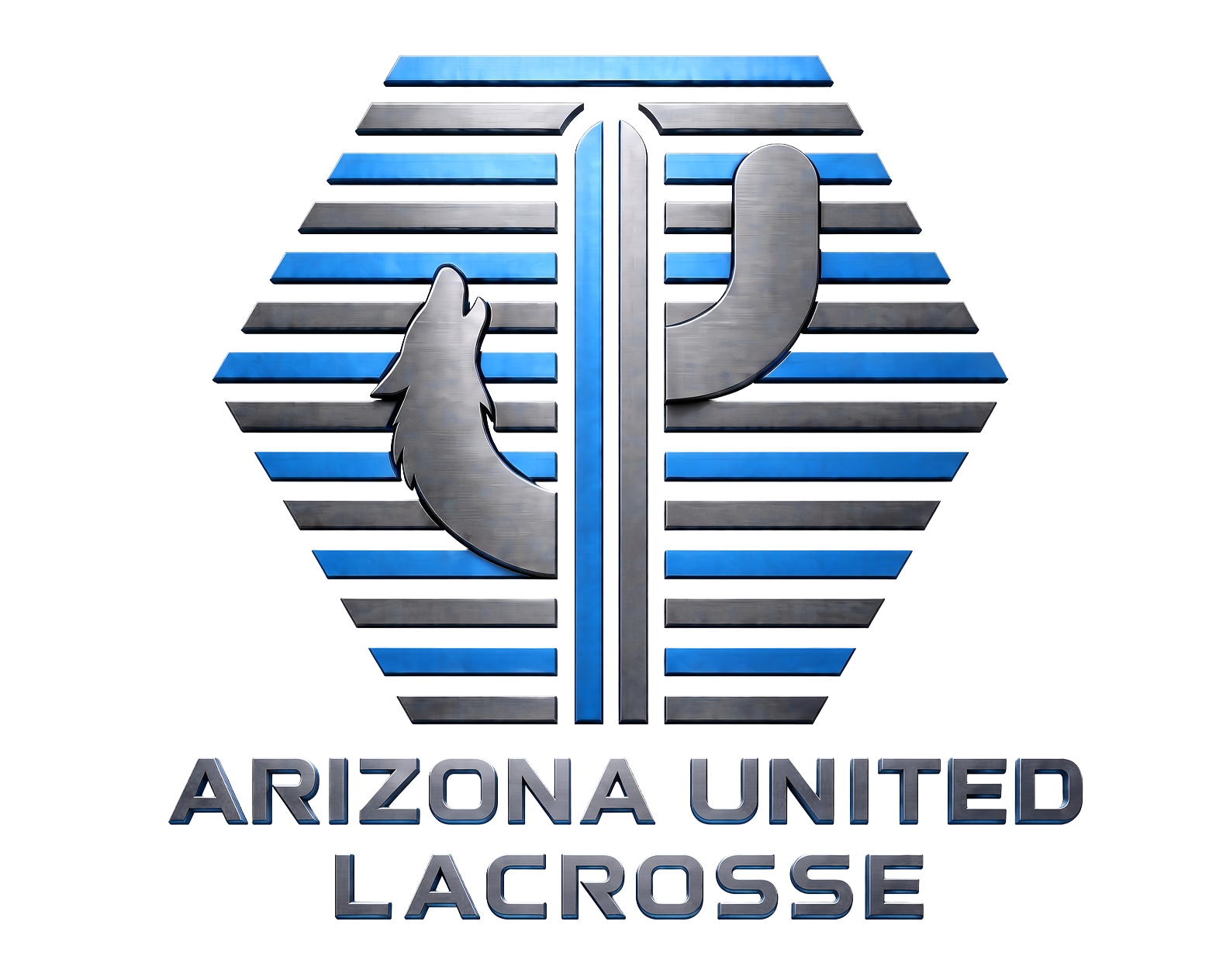 Logo of the Arizona United Lacrosse team featuring a stylized wolf head on a striped blue and black background, with the text 'Arizona United Lacrosse' below.