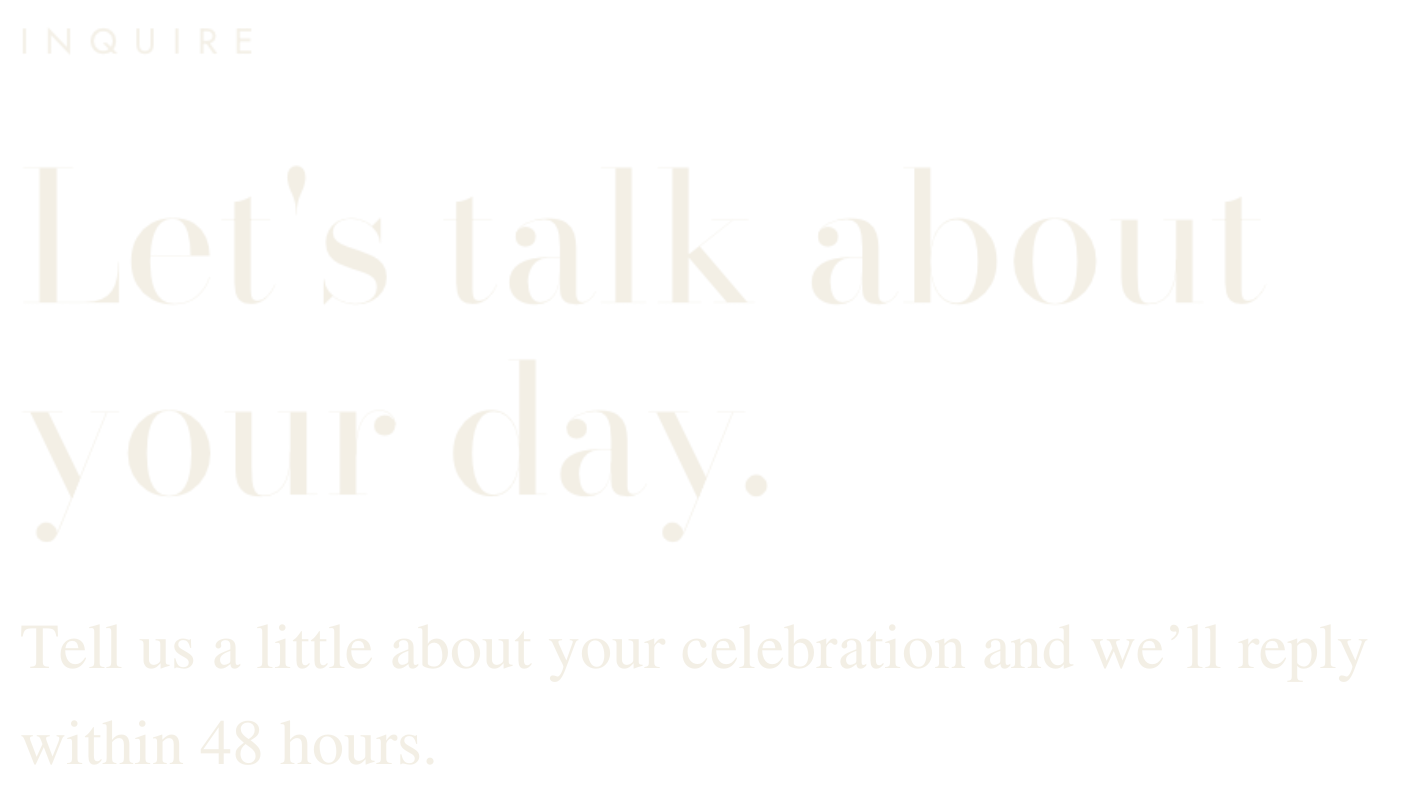 Text reading "Let's talk about your day" and an invitation to share celebration details, with instructions to reply within 48 hours, on a black background.
