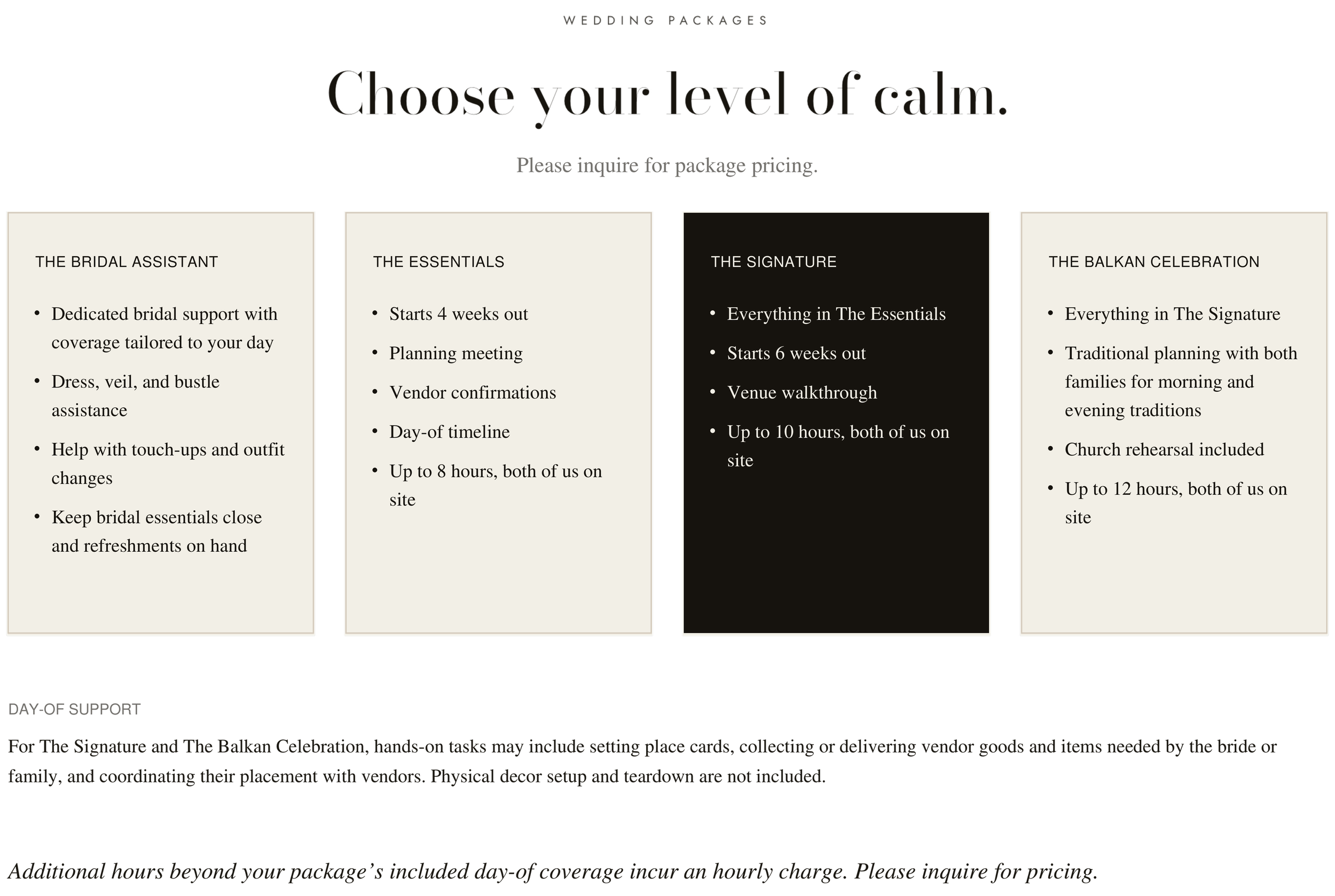 A website page displaying various wedding packages, including options for 'The Bridal Assistant,' 'The Essentials,' 'The Signature,' and 'The Balkan Celebration,' with descriptions of support services, planning details, and timing.