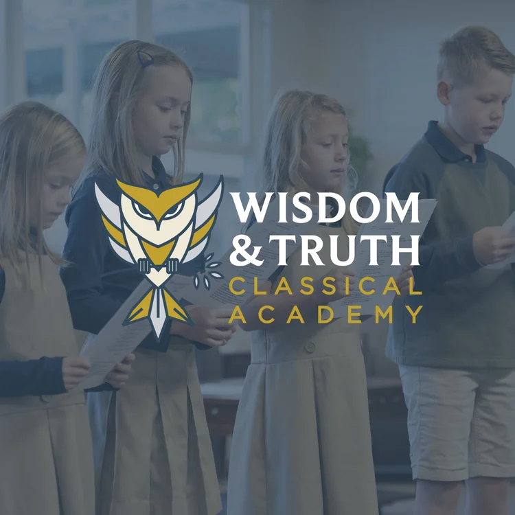 Wisdom & Truth Classical Academy owl logo over a photo of children reading