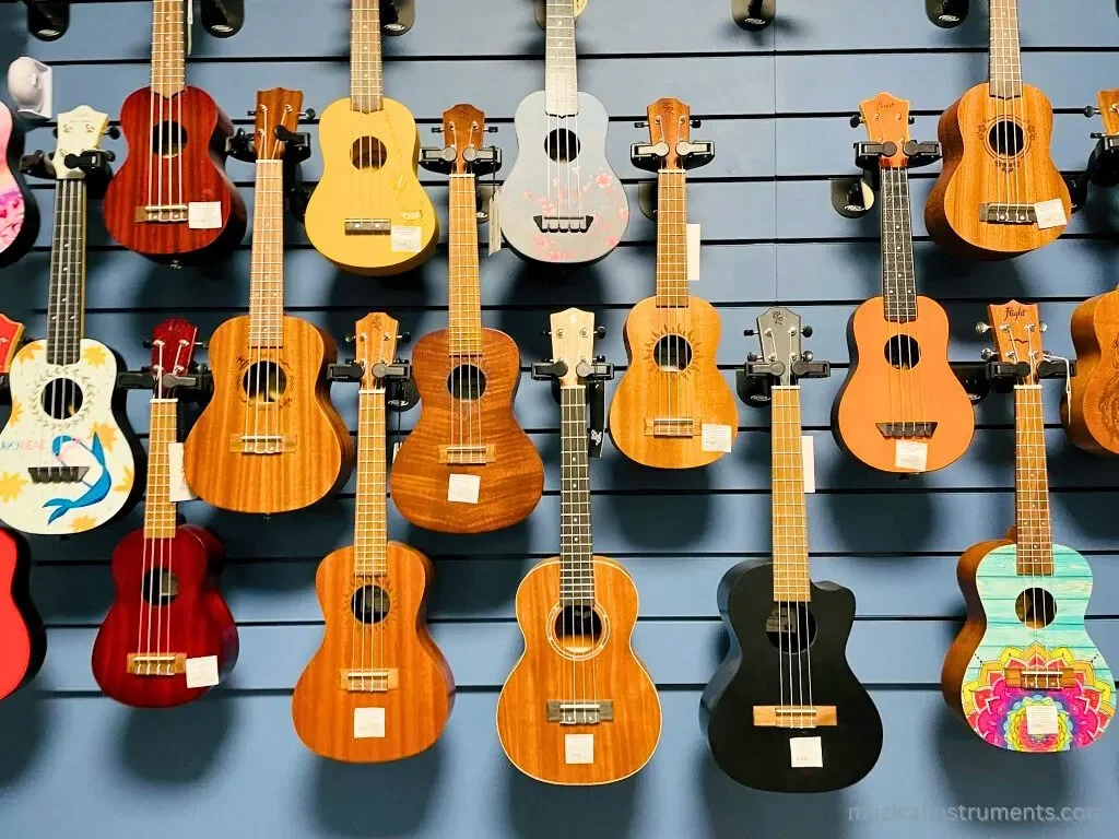 lots of colourful ukuleles