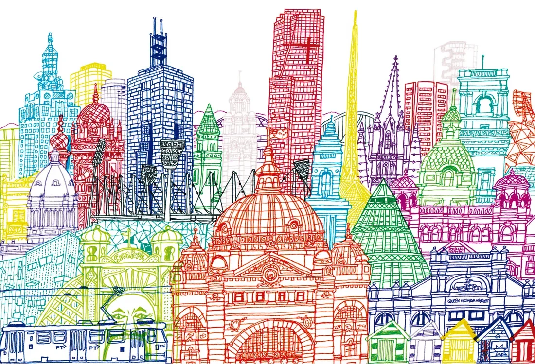Melbourne Towers — Contemporary urban artwork featuring Melbourne’s skyscrapers, historic domes, and vibrant laneway heritage.