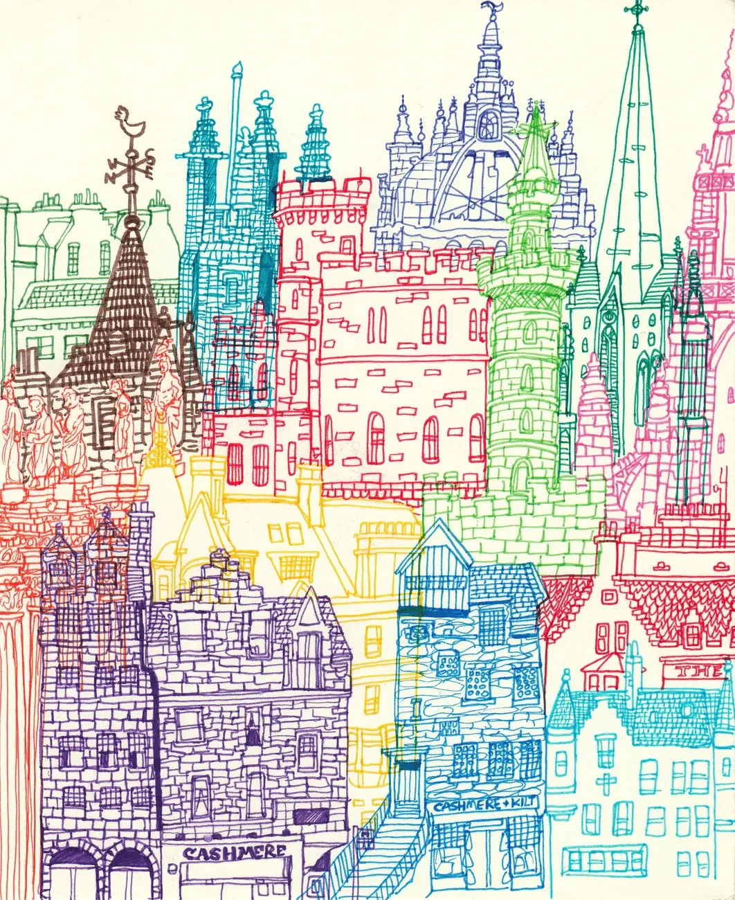 Edinburgh Towers — Architectural line-art illustration celebrating historic stone facades, spires, and Scottish heritage.