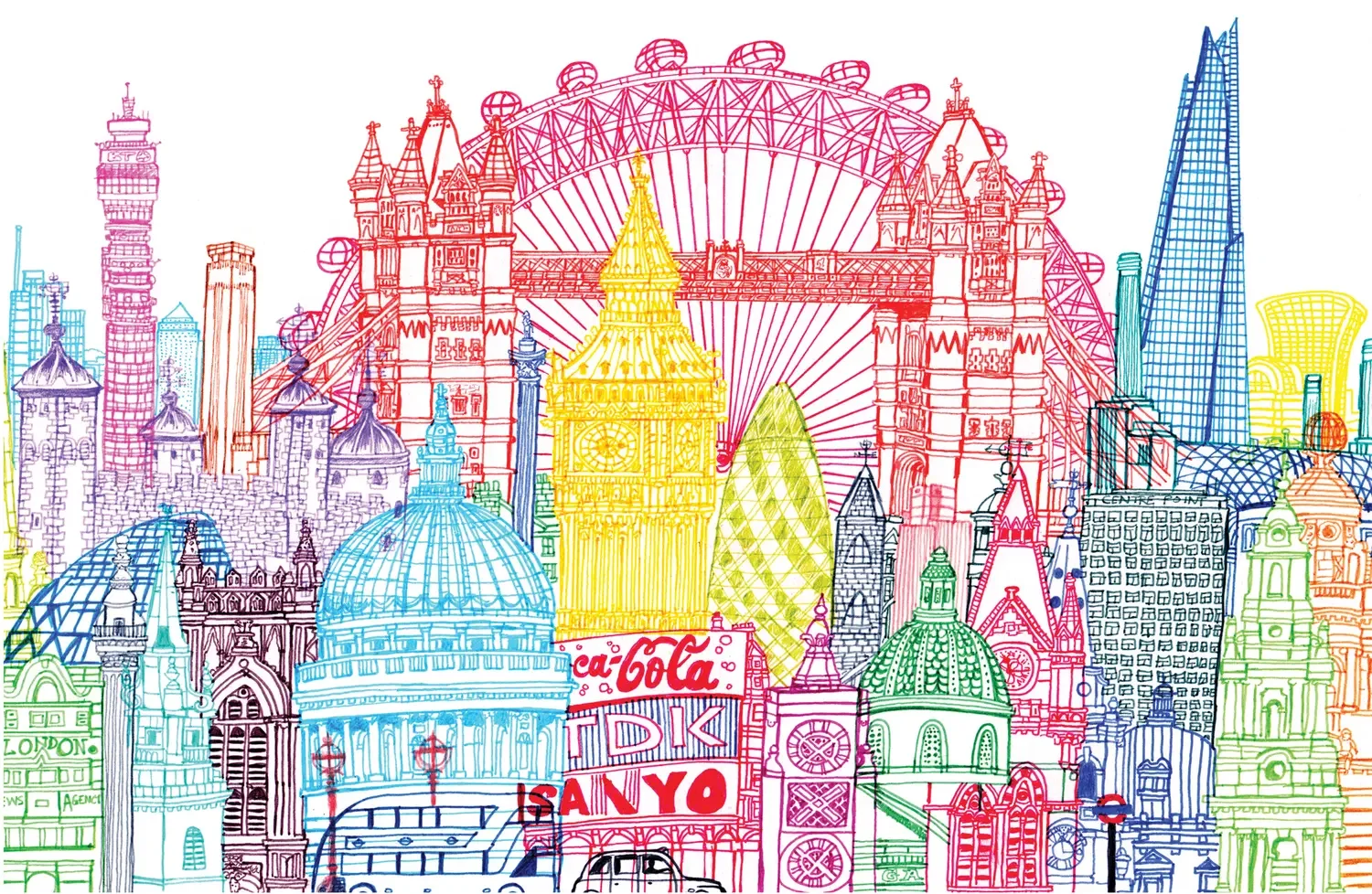 London Towers — Stylised cityscape artwork depicting Big Ben, the Gherkin, Tower Bridge, and iconic British landmarks.