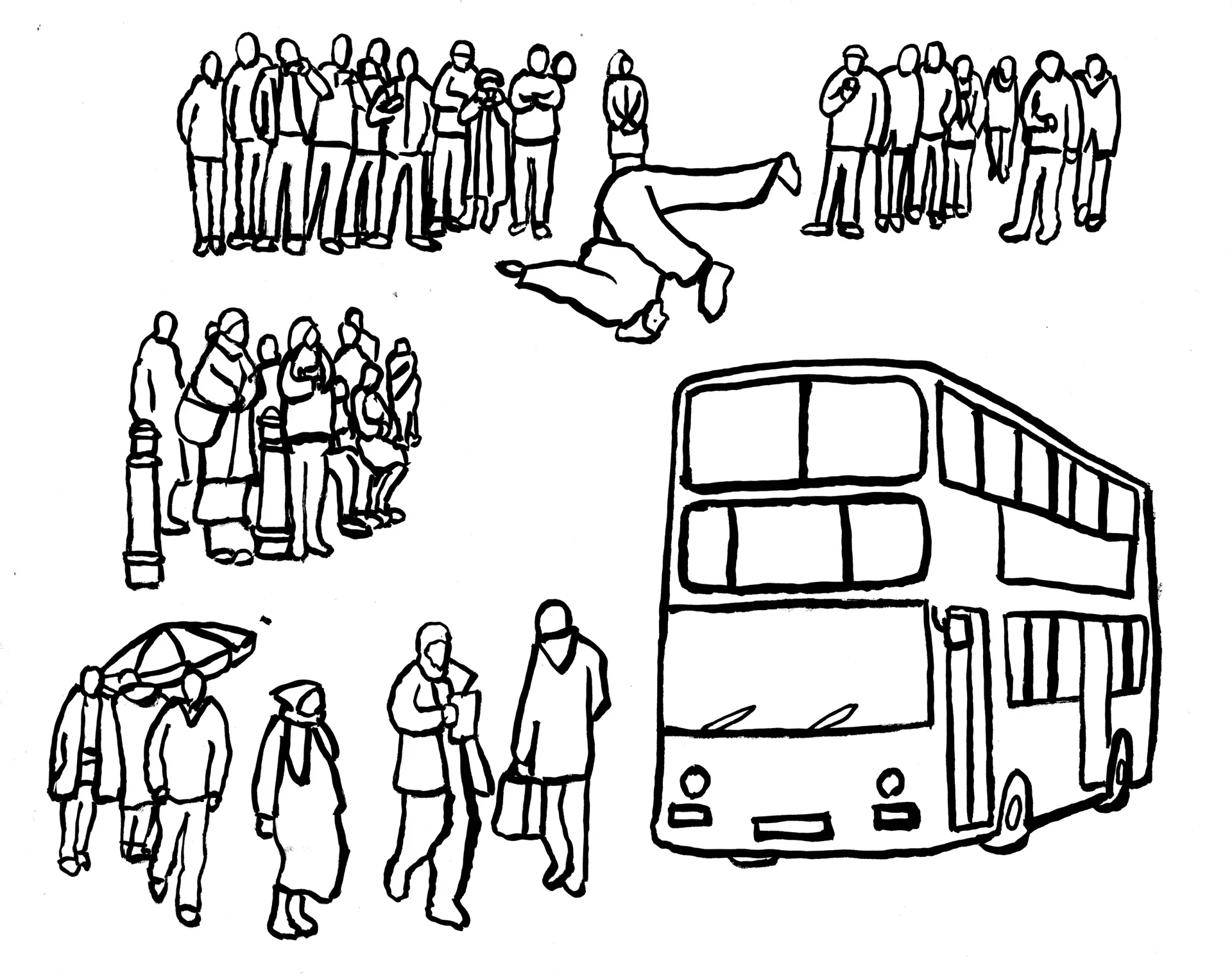 Character studies and iconic red double-decker bus illustration created for the mural layout.