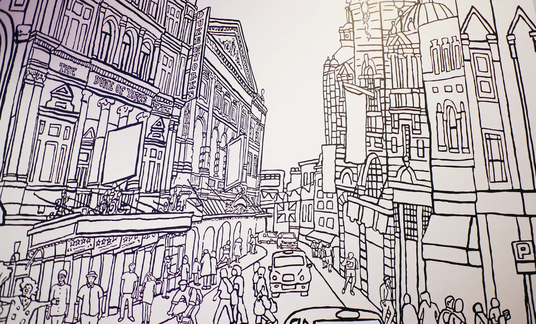 Close-up view of the drawn crowd and West End theatre stage lighting on the interior wall mural.