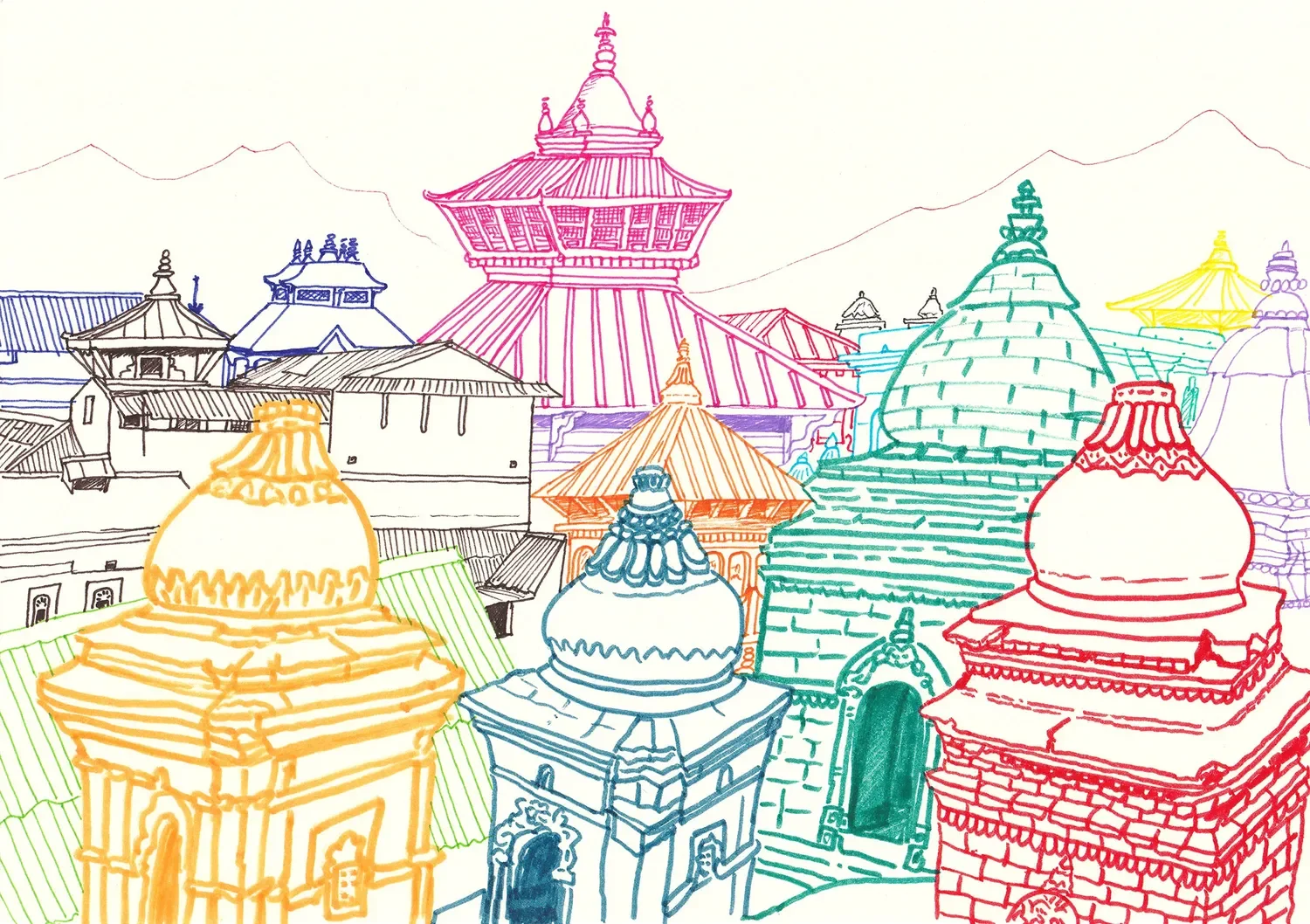 Kathmandu Towers — Intricate line-art capturing multi-tiered pagoda temples and traditional Nepalese architectural heritage.