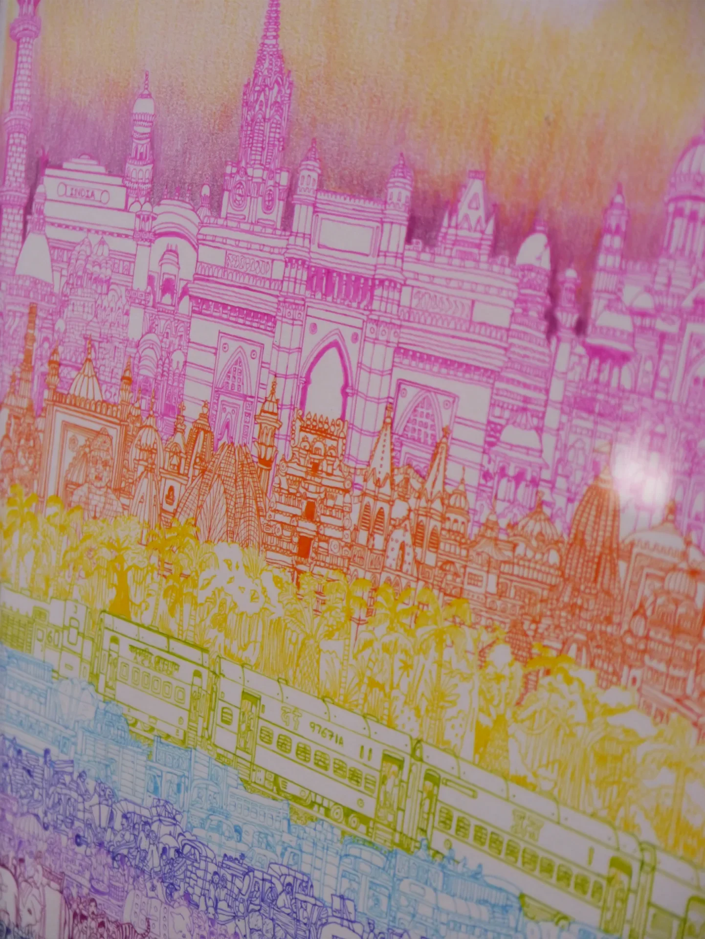 Detail shot of the upper arch showing intricate architectural domes, palaces, and textured color gradients.