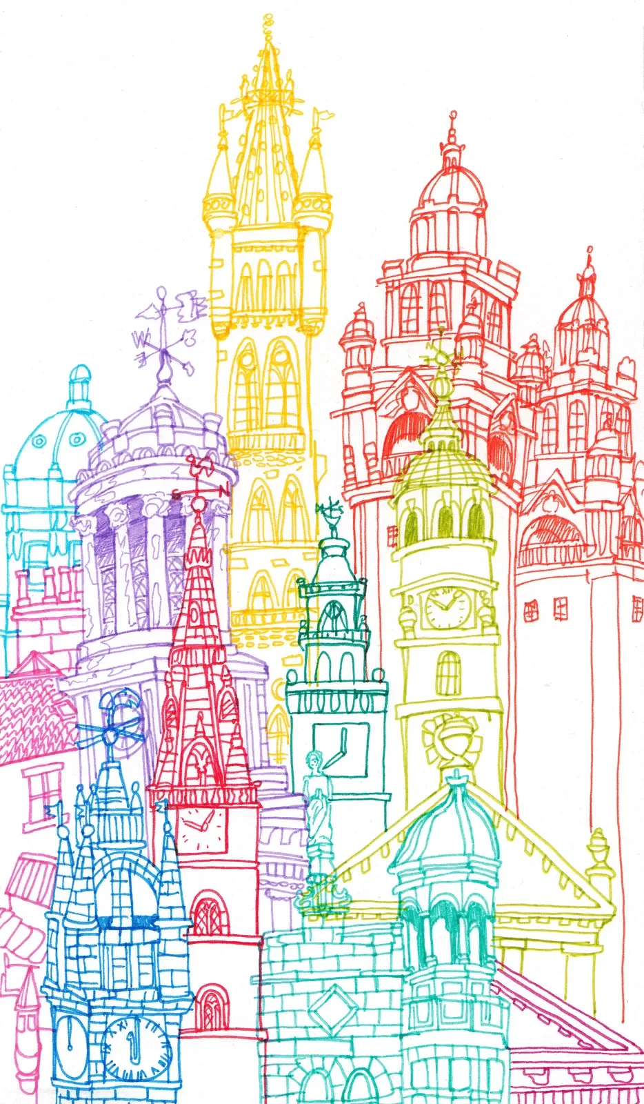 Glasgow Towers — Architectural line illustration highlighting Victorian sandstone facades and iconic Scottish urban spires.