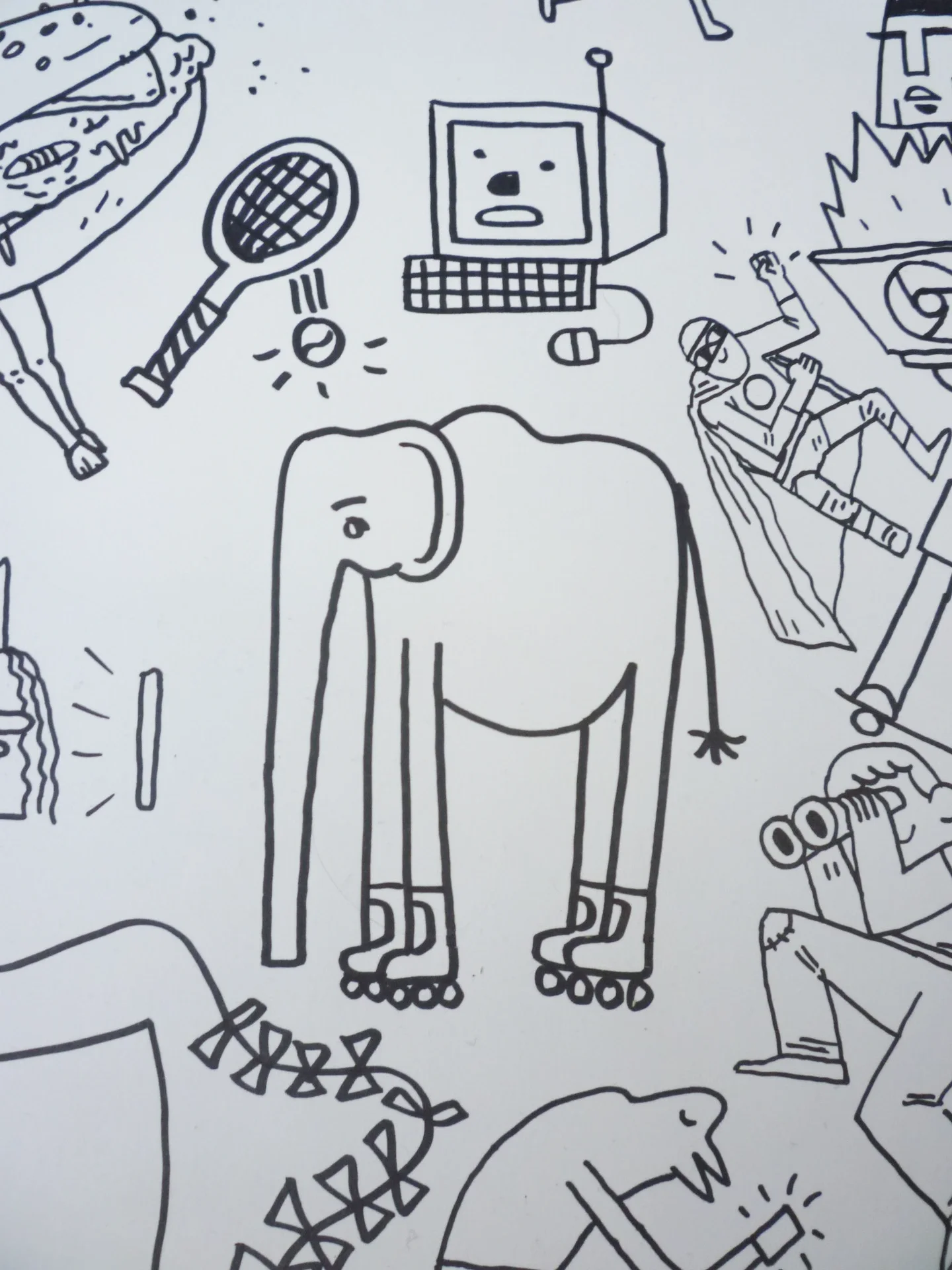 Intricate narrative line art panel featuring playful character concepts and whimsical motifs.
