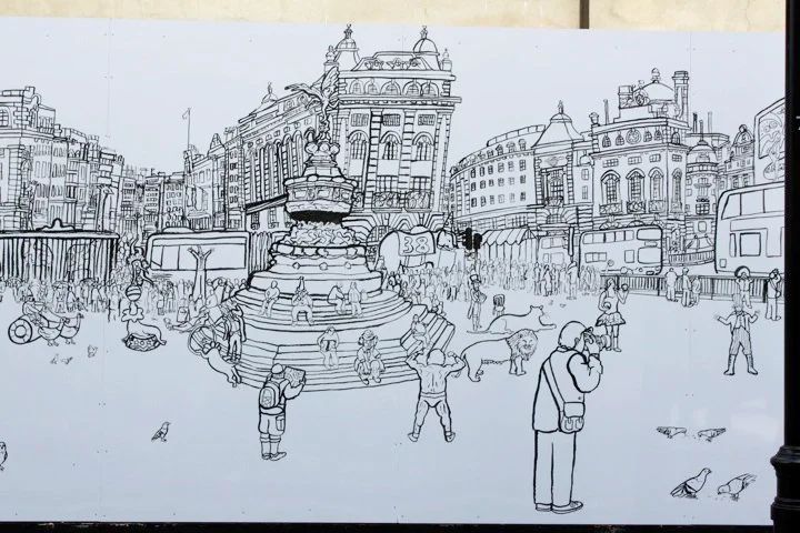Close-up panel detail depicting Piccadilly Circus, the Shaftesbury Memorial Fountain (Eros), and street life illustration.