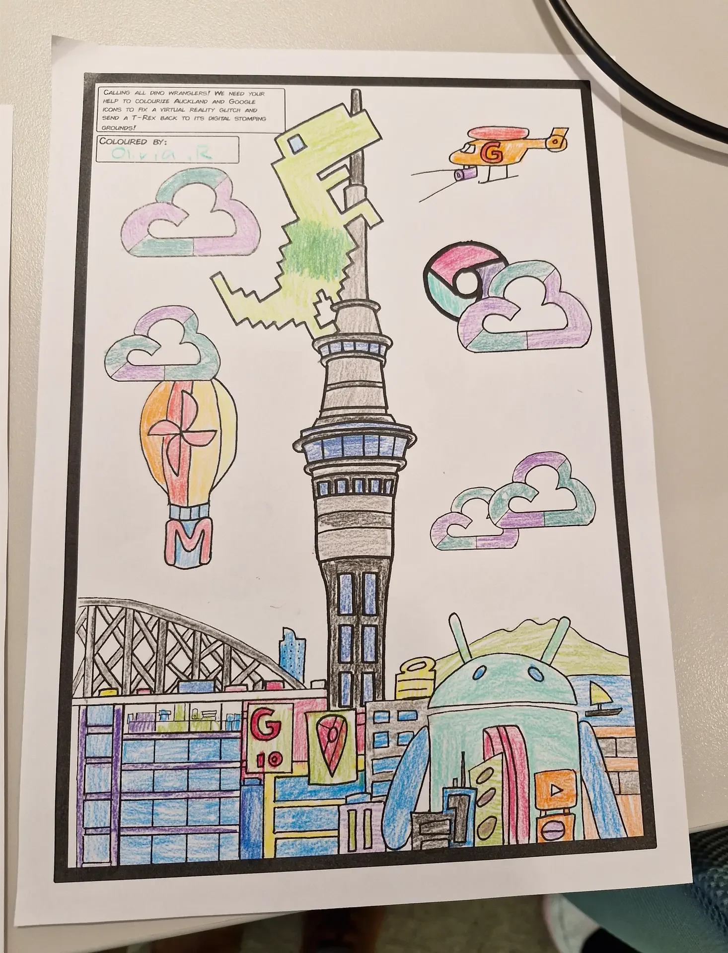 Coloured illustration sheet detailing the Sky Tower, harbour bridge, and tech motif design.