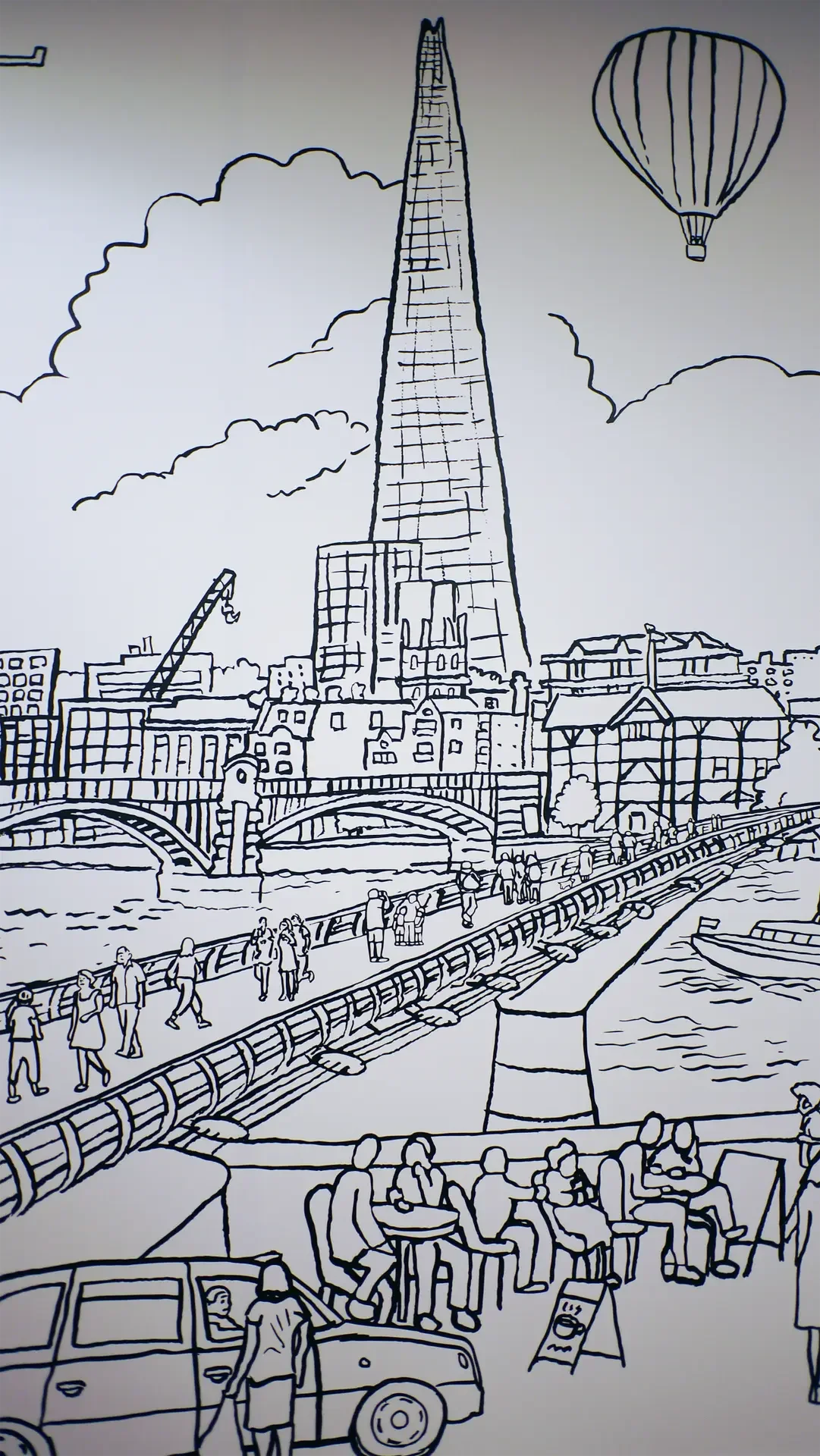 Digital line-art detail featuring the Shard, London Bridge, and the River Thames.