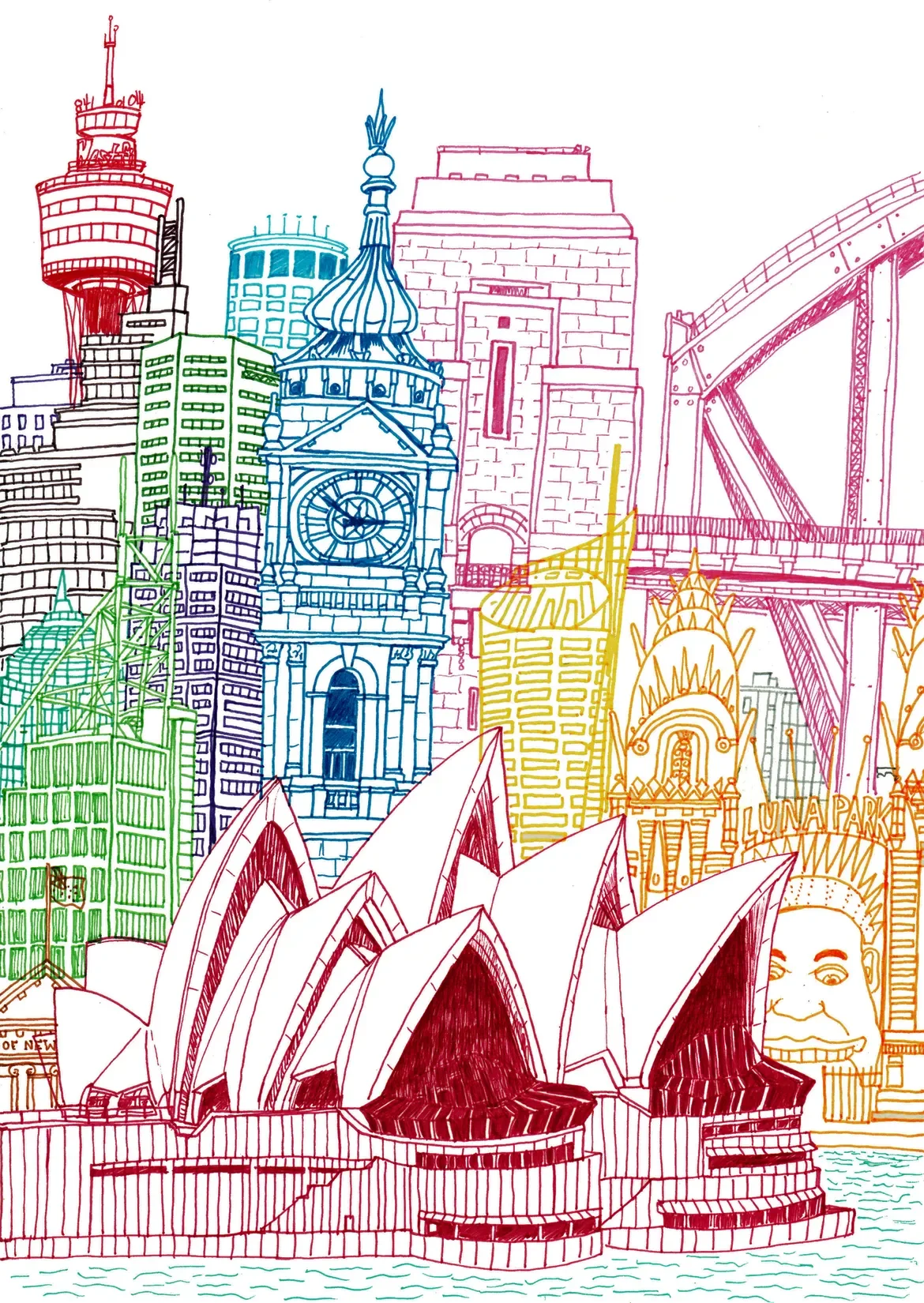 Sydney Towers — Detailed architectural artwork featuring the Sydney Opera House, Harbour Bridge, and coastal city skyline.