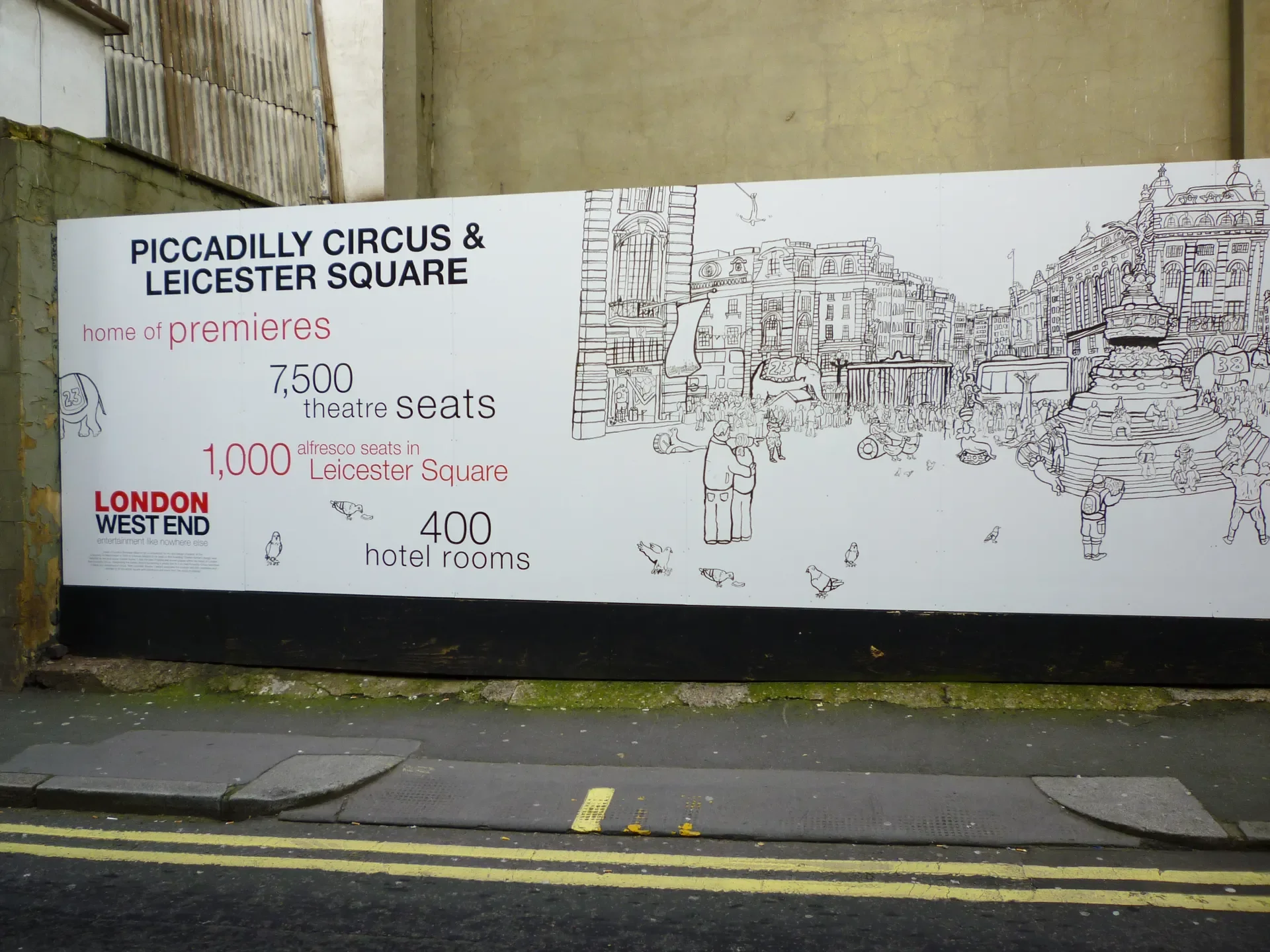 Installed public art hoarding panel featuring typography highlights alongside black-and-white architectural line art.