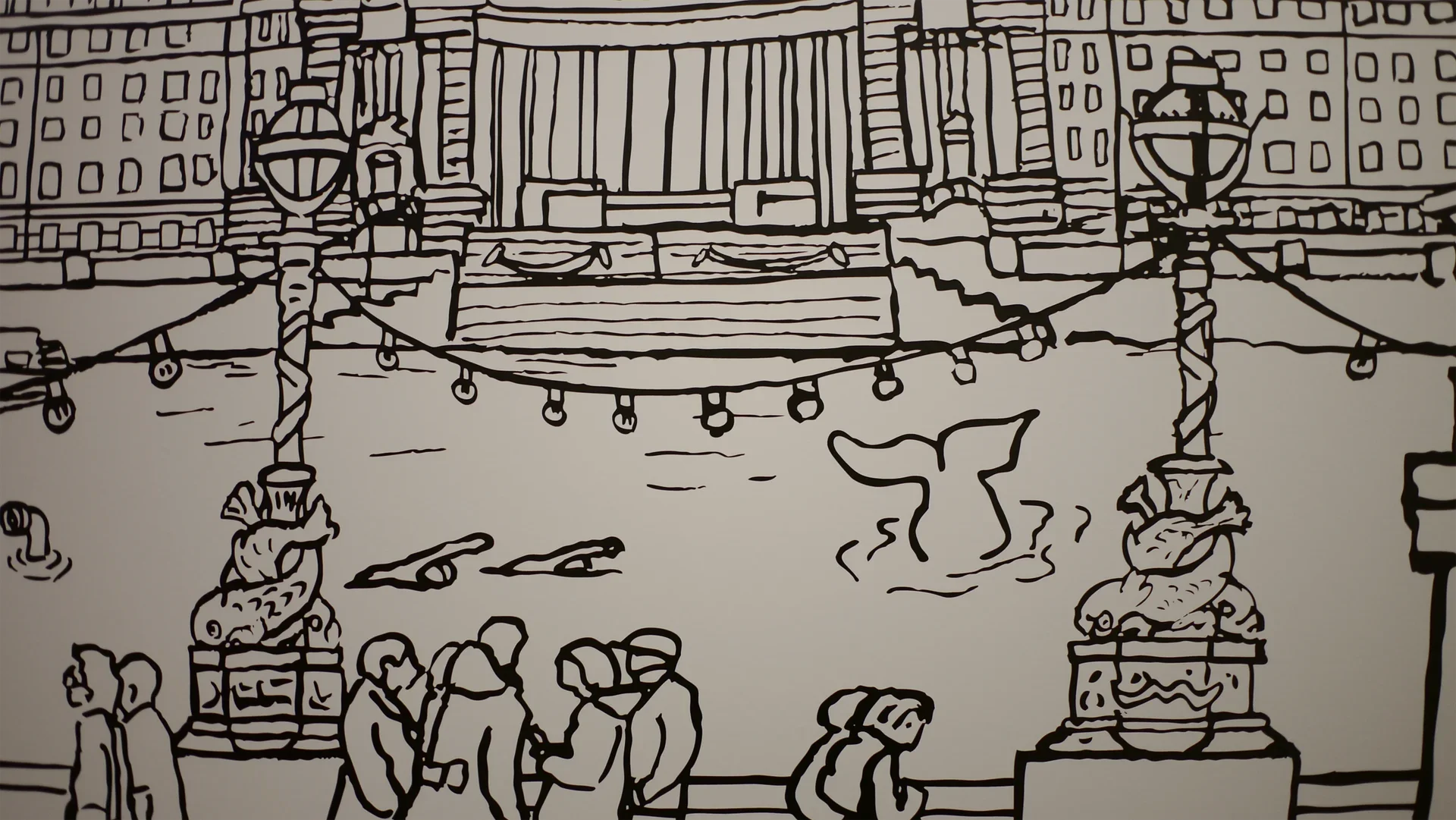 Line-art illustration featuring the River Thames.