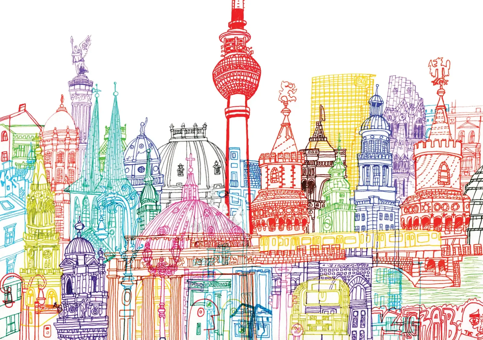 Berlin Towers — Vibrant cityscape artwork showcasing the Fernsehturm TV tower, historic spires, and modern German architecture.