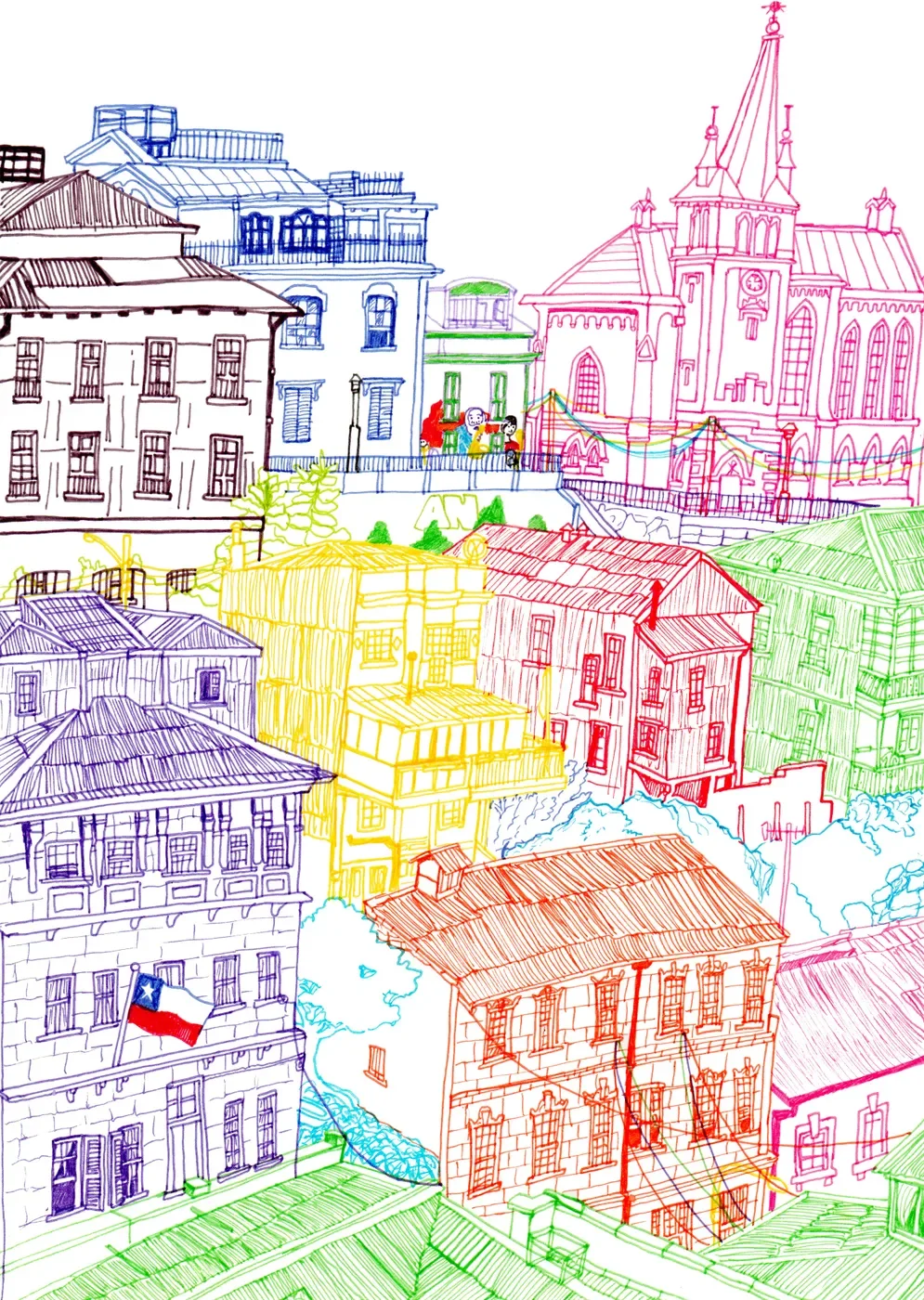 Valparaiso Towers — Colourful line-art illustration of Chile’s steep hillside architecture, funiculars, and bohemian coastal streets.
