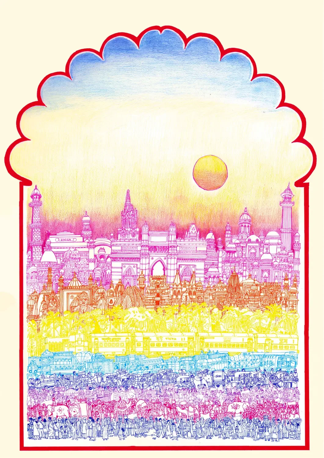 Digital presentation scan of the full artwork, framed within a classic Jharokha arch with a glowing sunset backdrop.