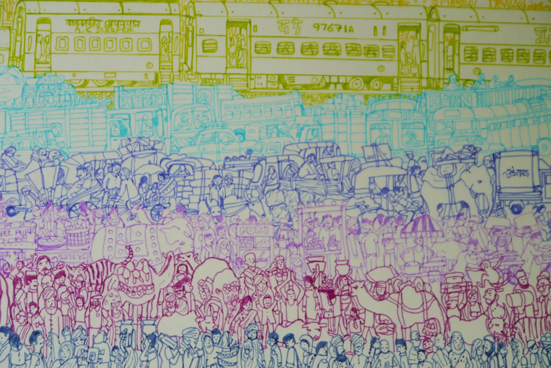 Close-up crop focusing on the detailed line work of figures, street scenes, and vehicles in soft pastel tones.