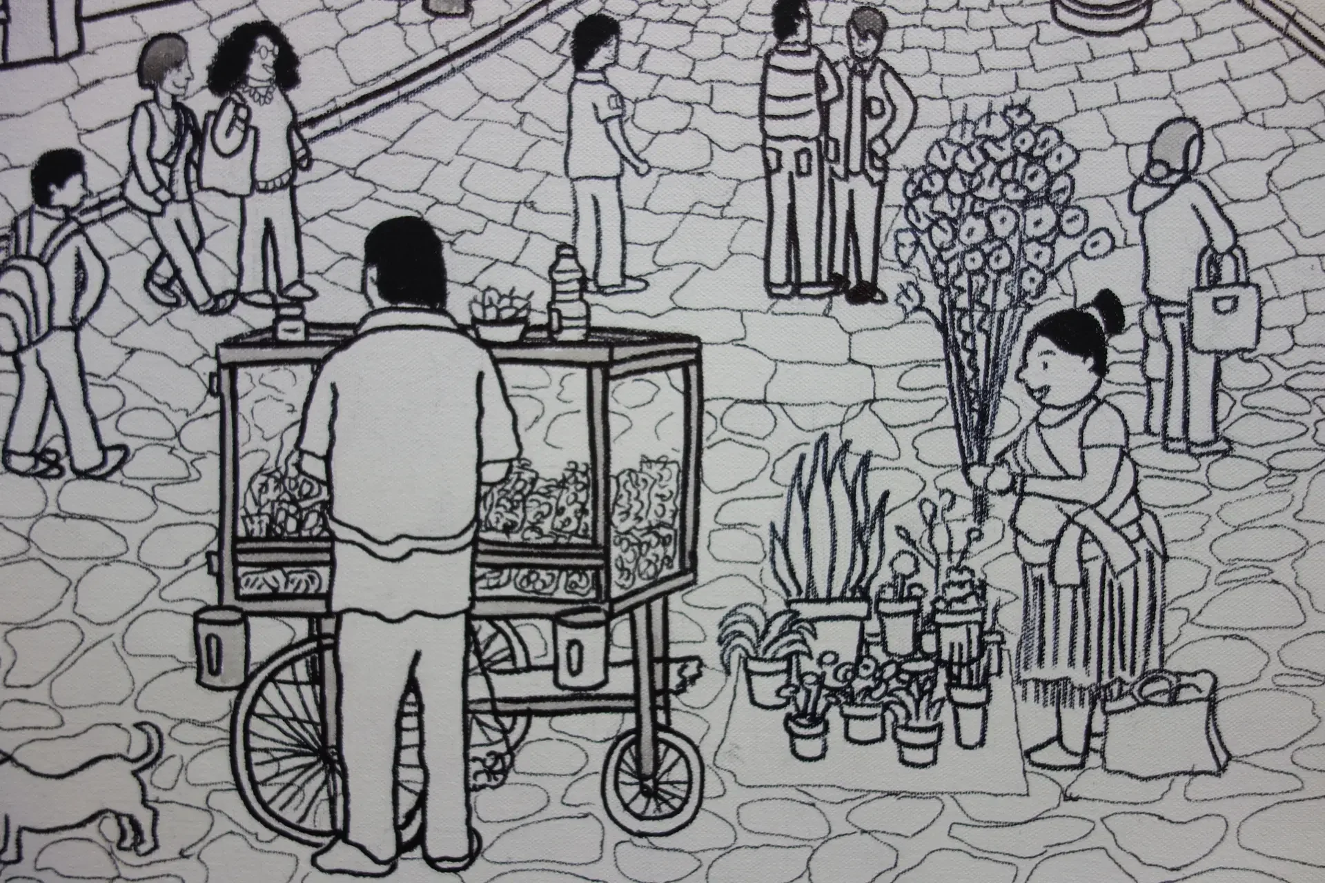 Close-up detail of the ink illustration showing street vendors, figures, and local architectural elements.