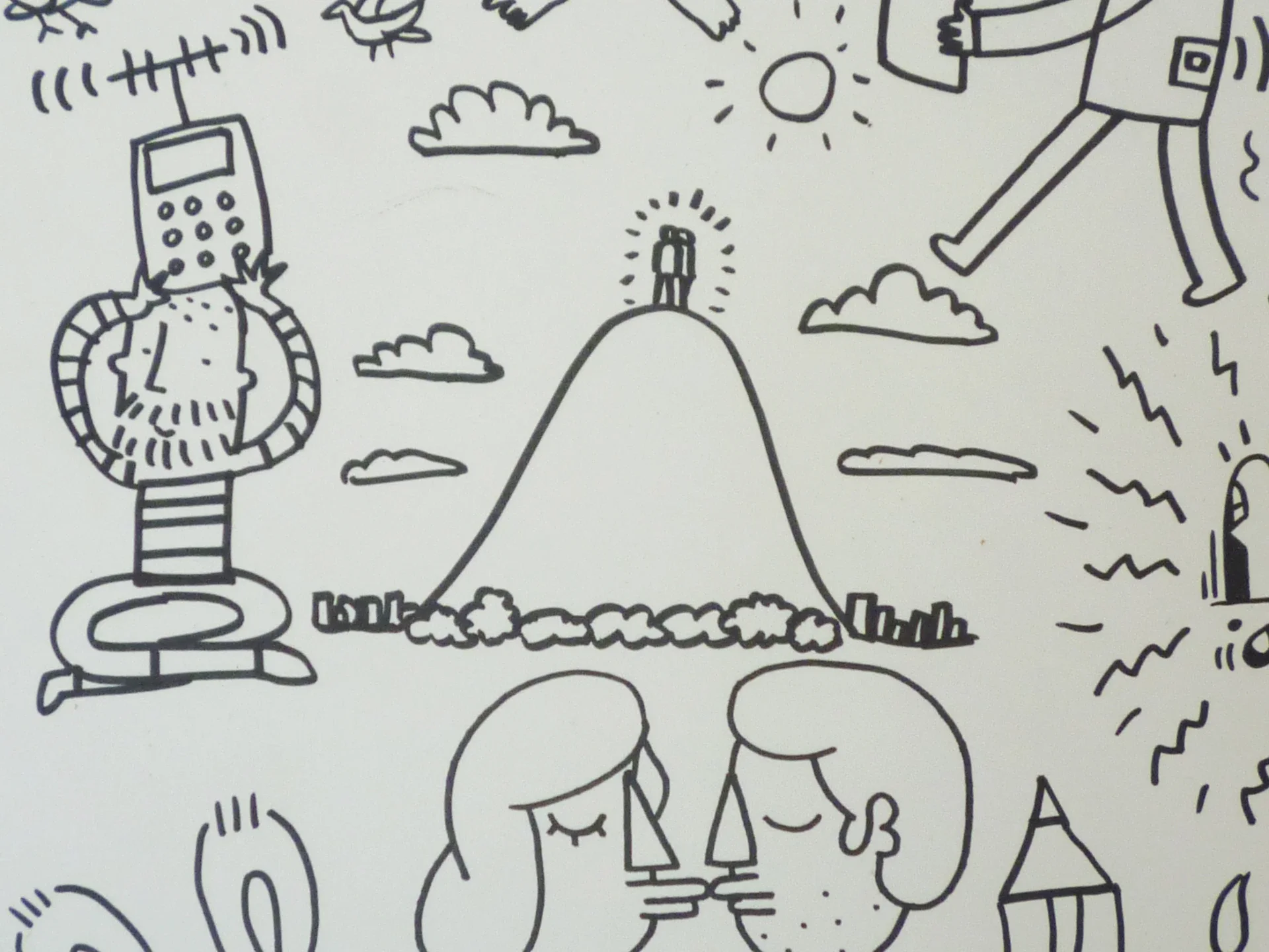 Clean, graphic line-art illustration featuring landscapes, clouds, and character details.